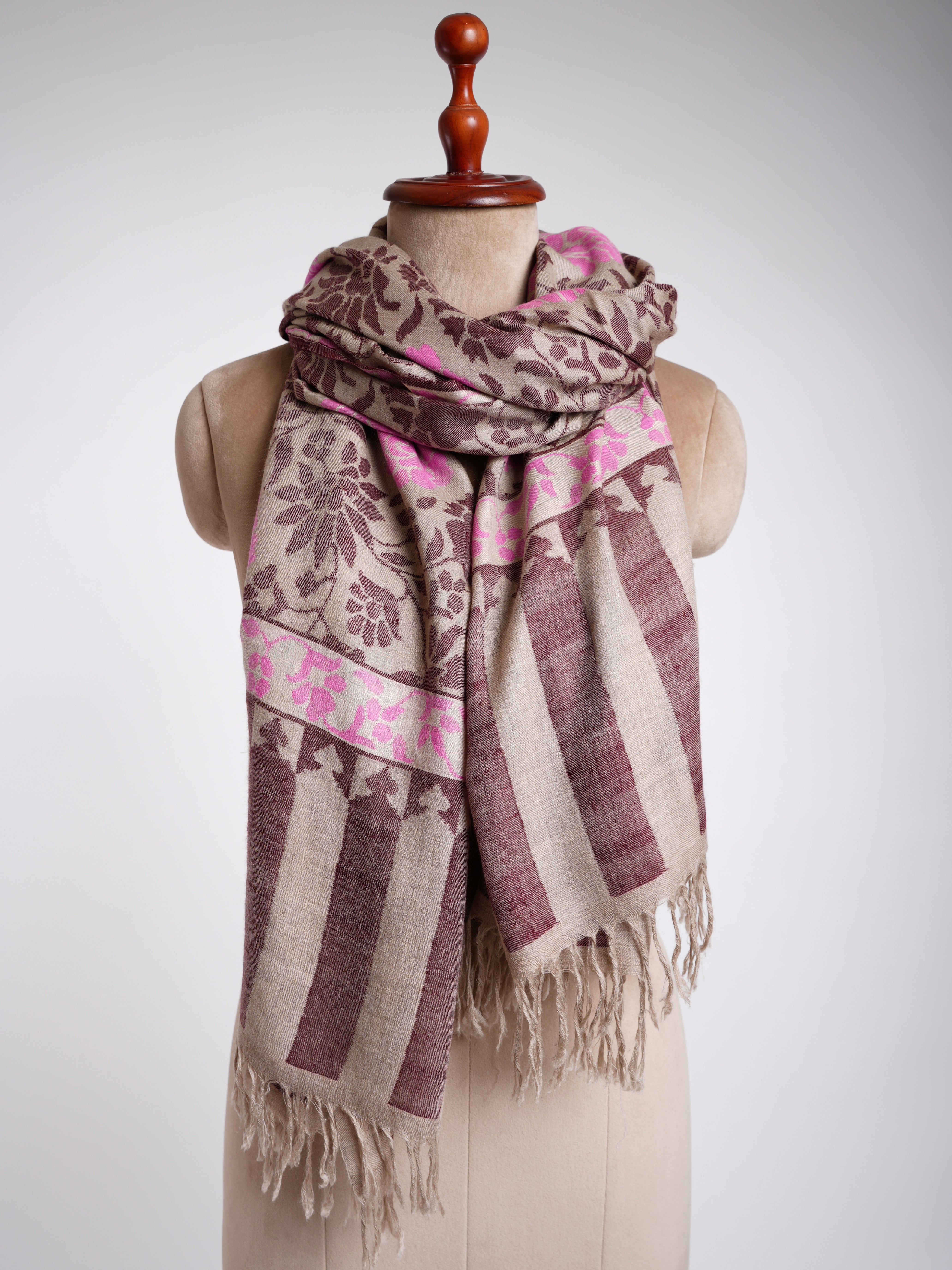 Light Beige With Pink Kani Weave Certified Cashmere Shawl