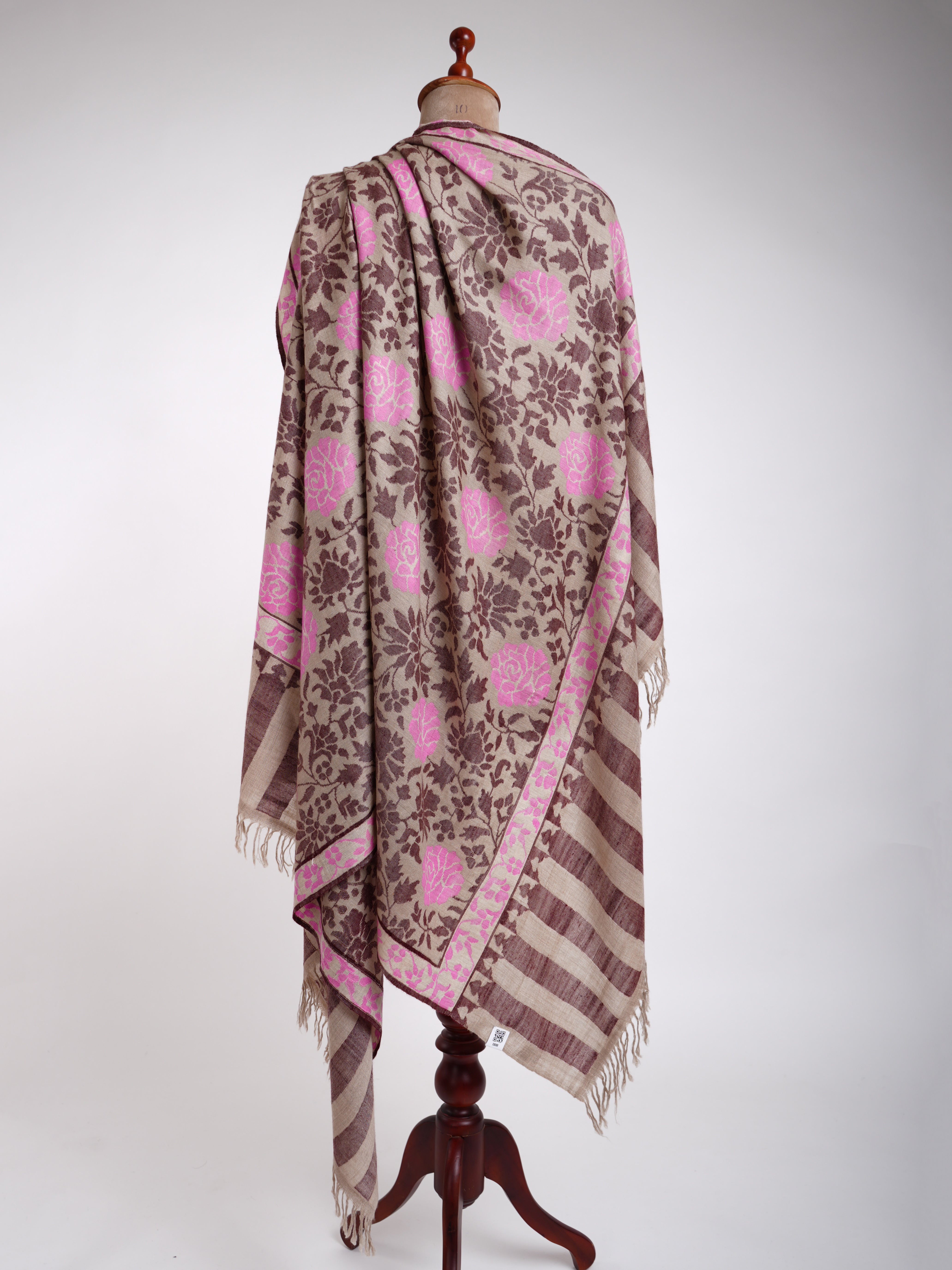 Light Beige With Pink Kani Weave Certified Cashmere Shawl