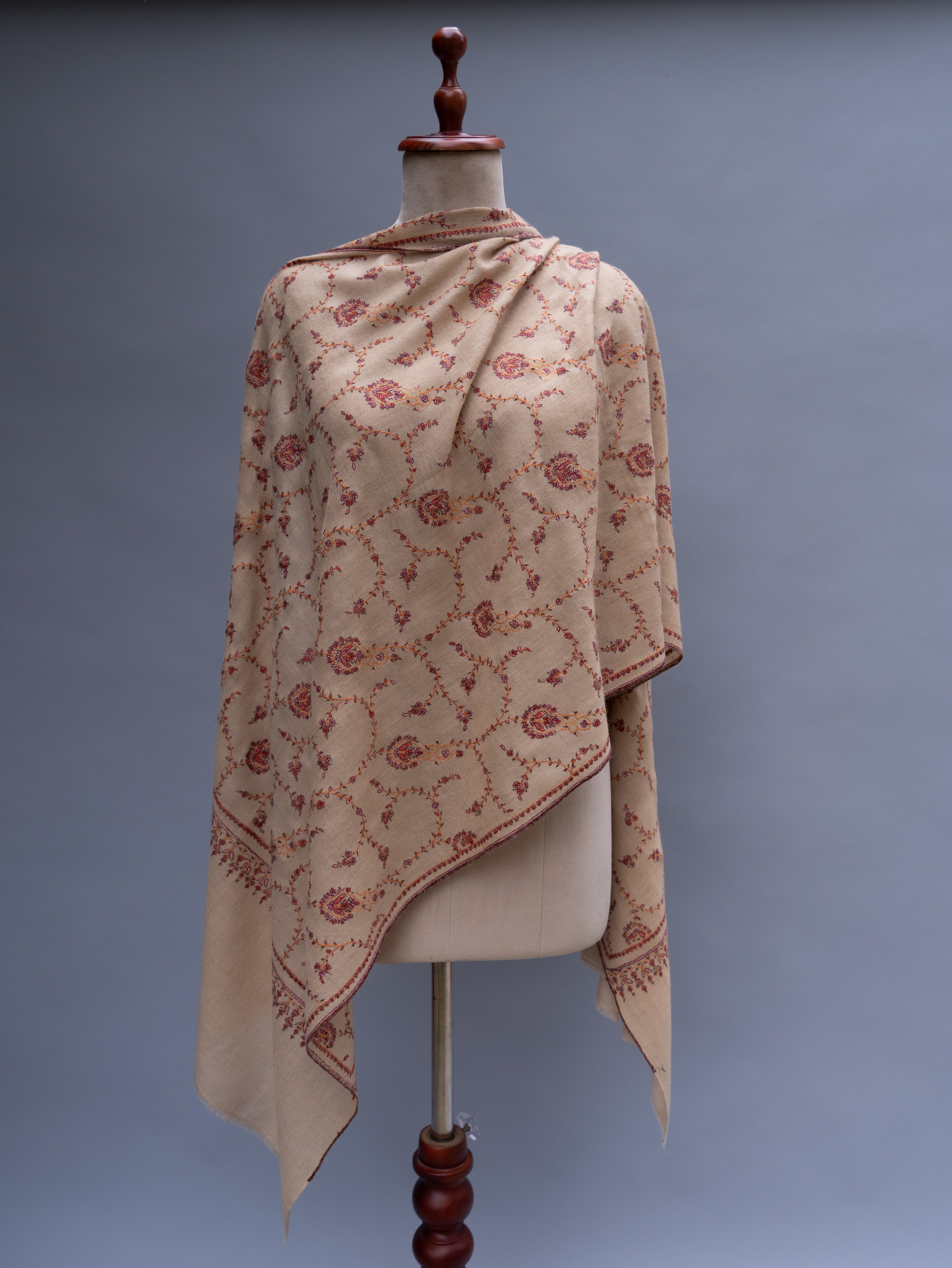 Cream Embroidered thin Cashmere Wrap