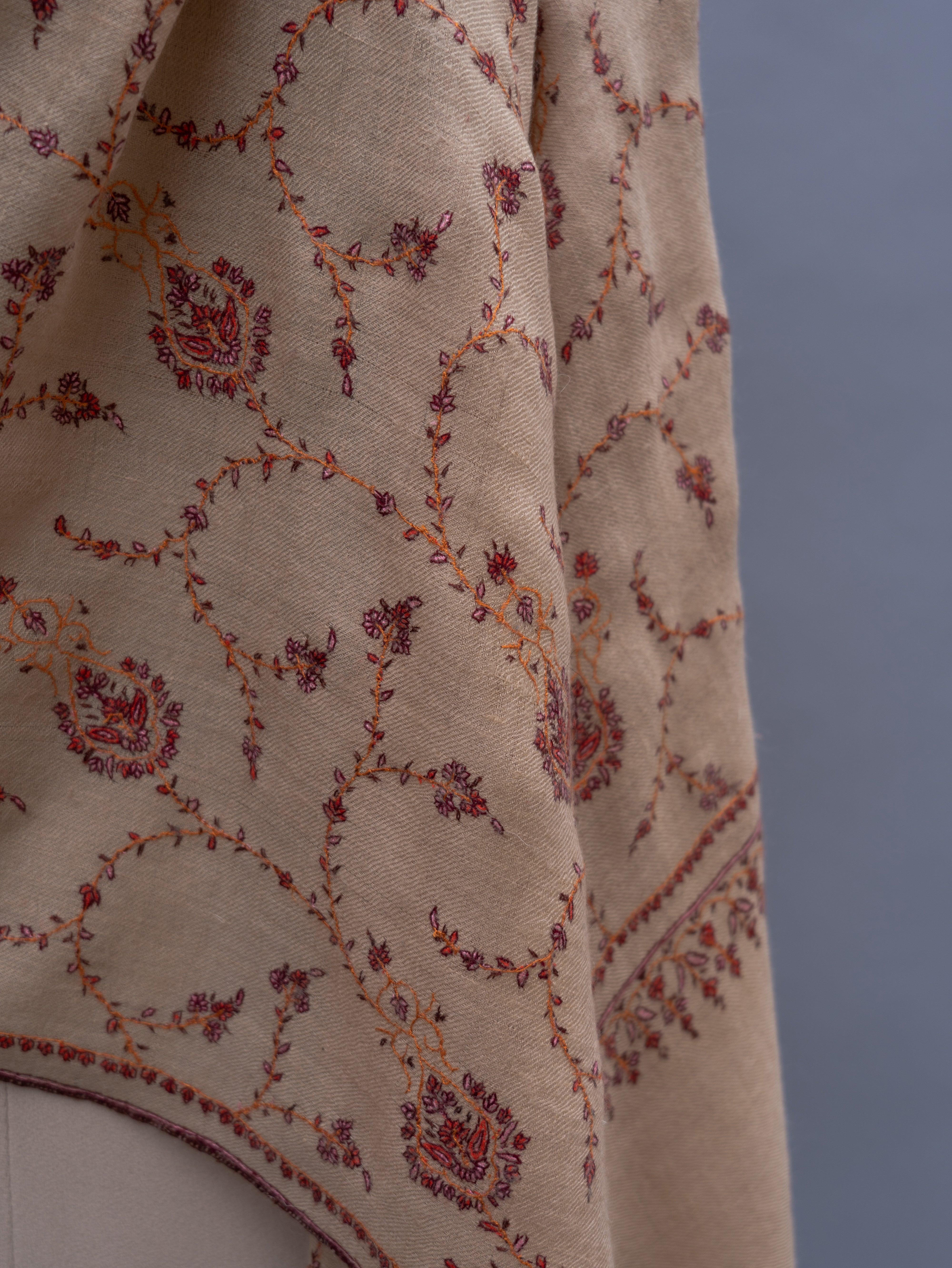 Cream Embroidered thin Cashmere Wrap