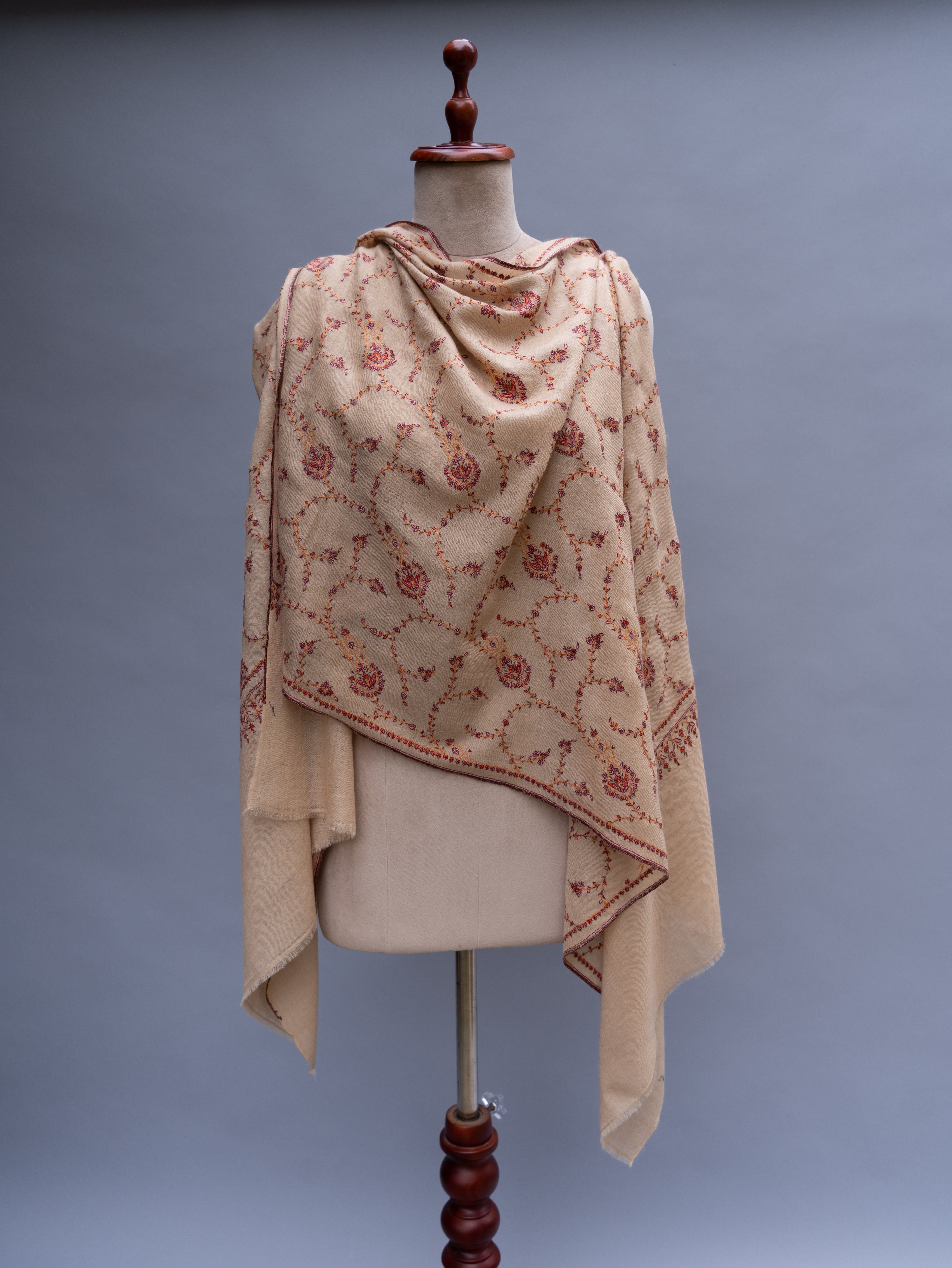 Cream Embroidered thin Cashmere Wrap