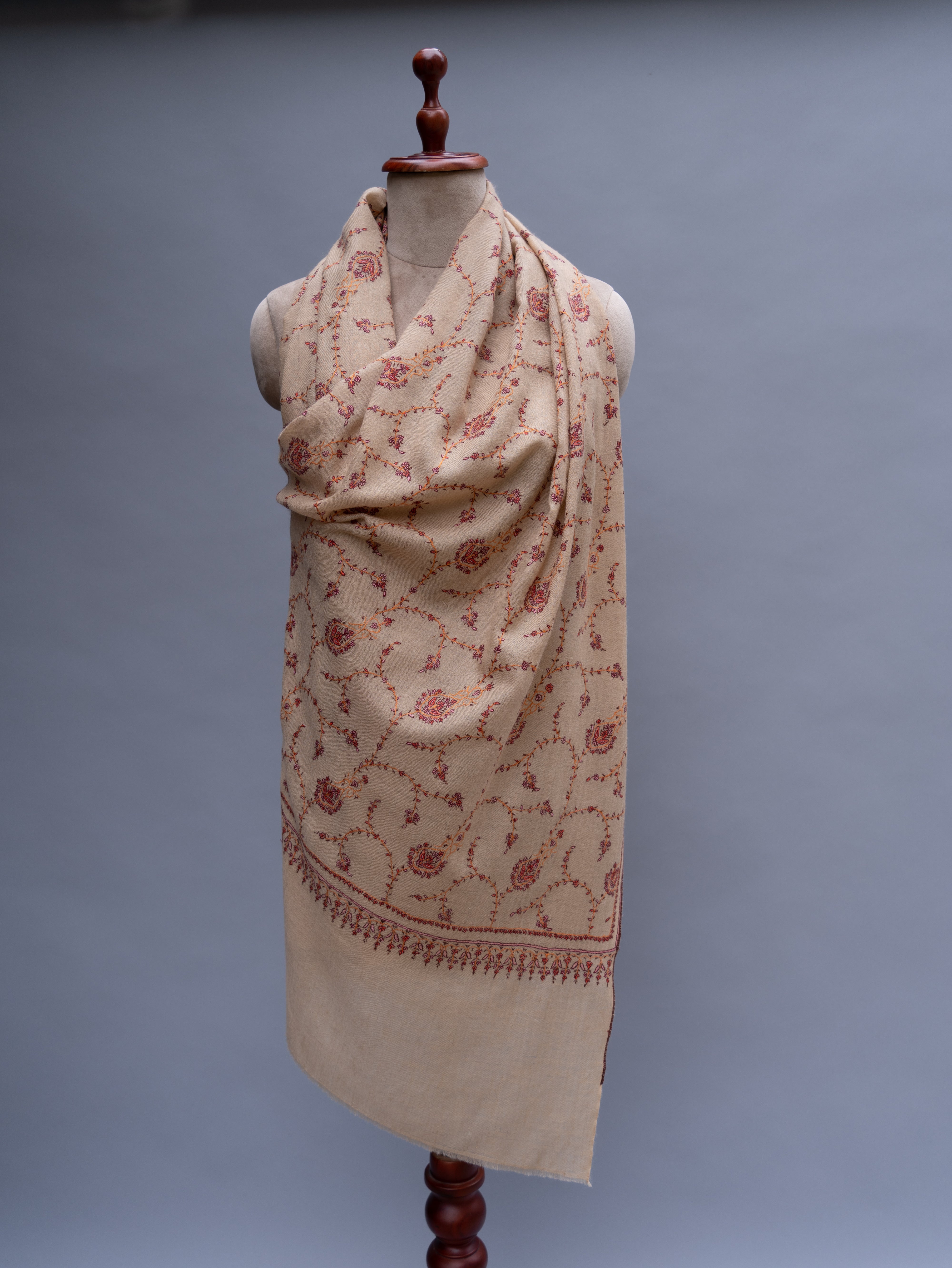 Cream Embroidered thin Cashmere Wrap