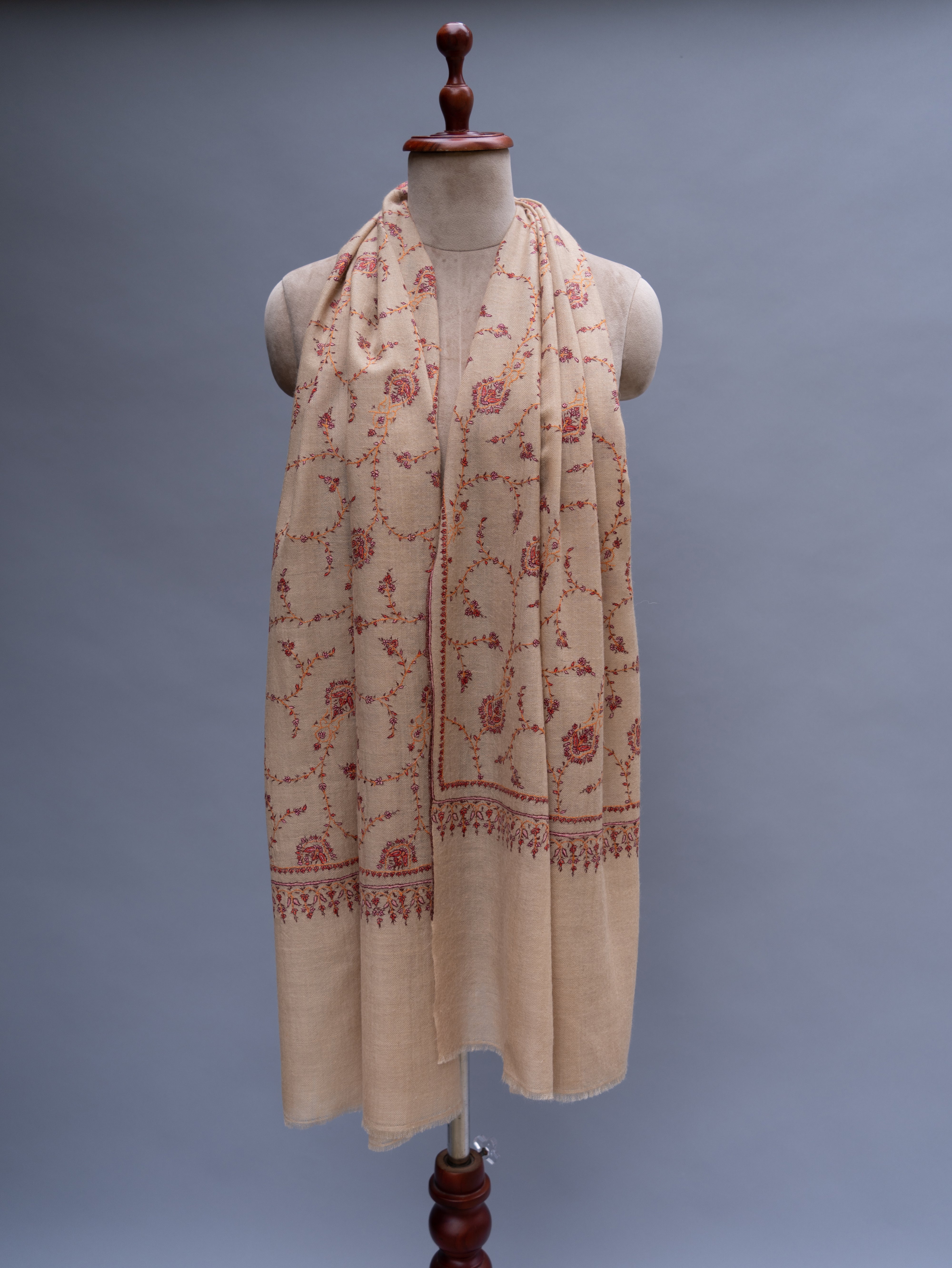 Cream Embroidered thin Cashmere Wrap