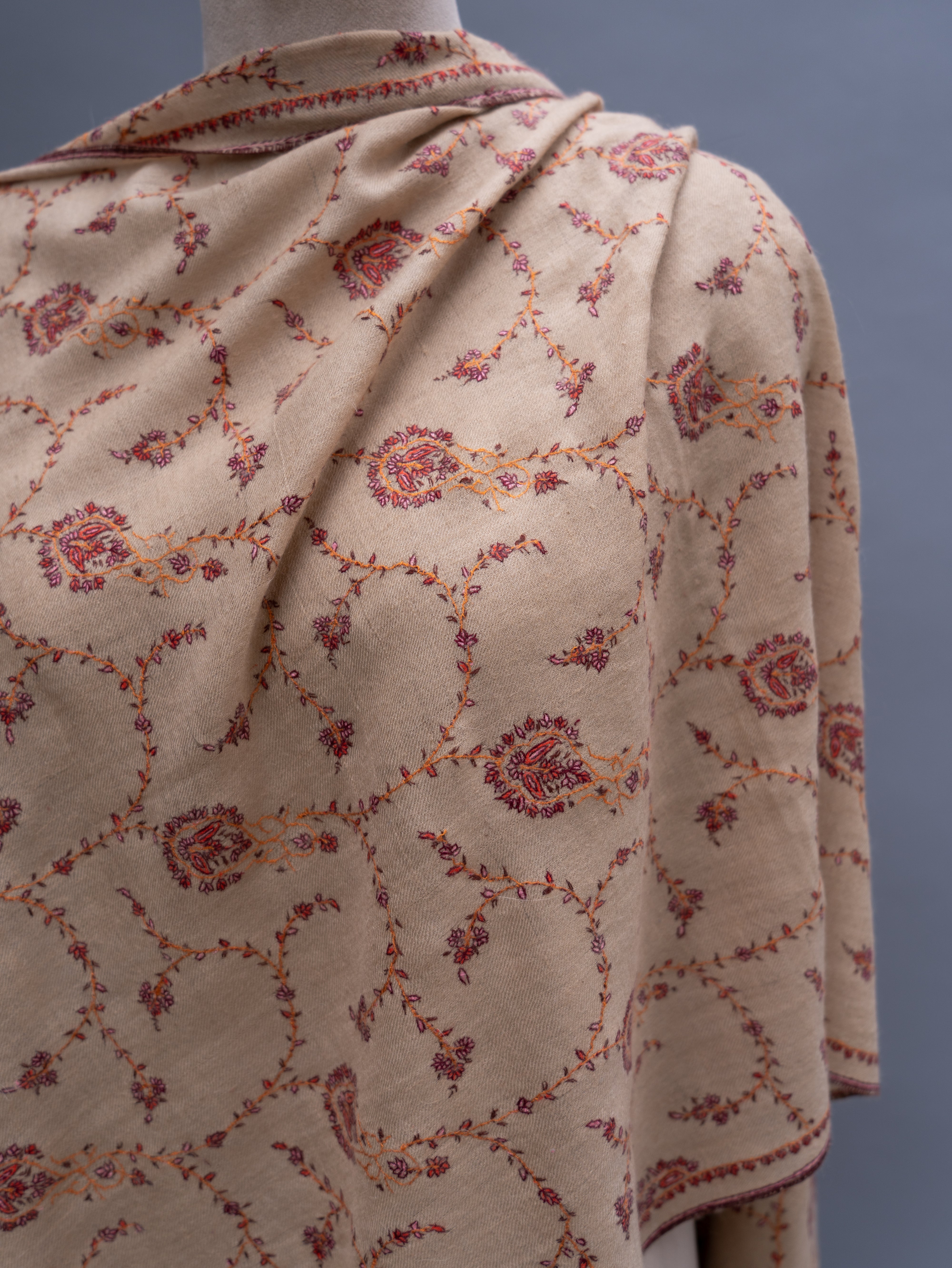 Cream Embroidered thin Cashmere Wrap