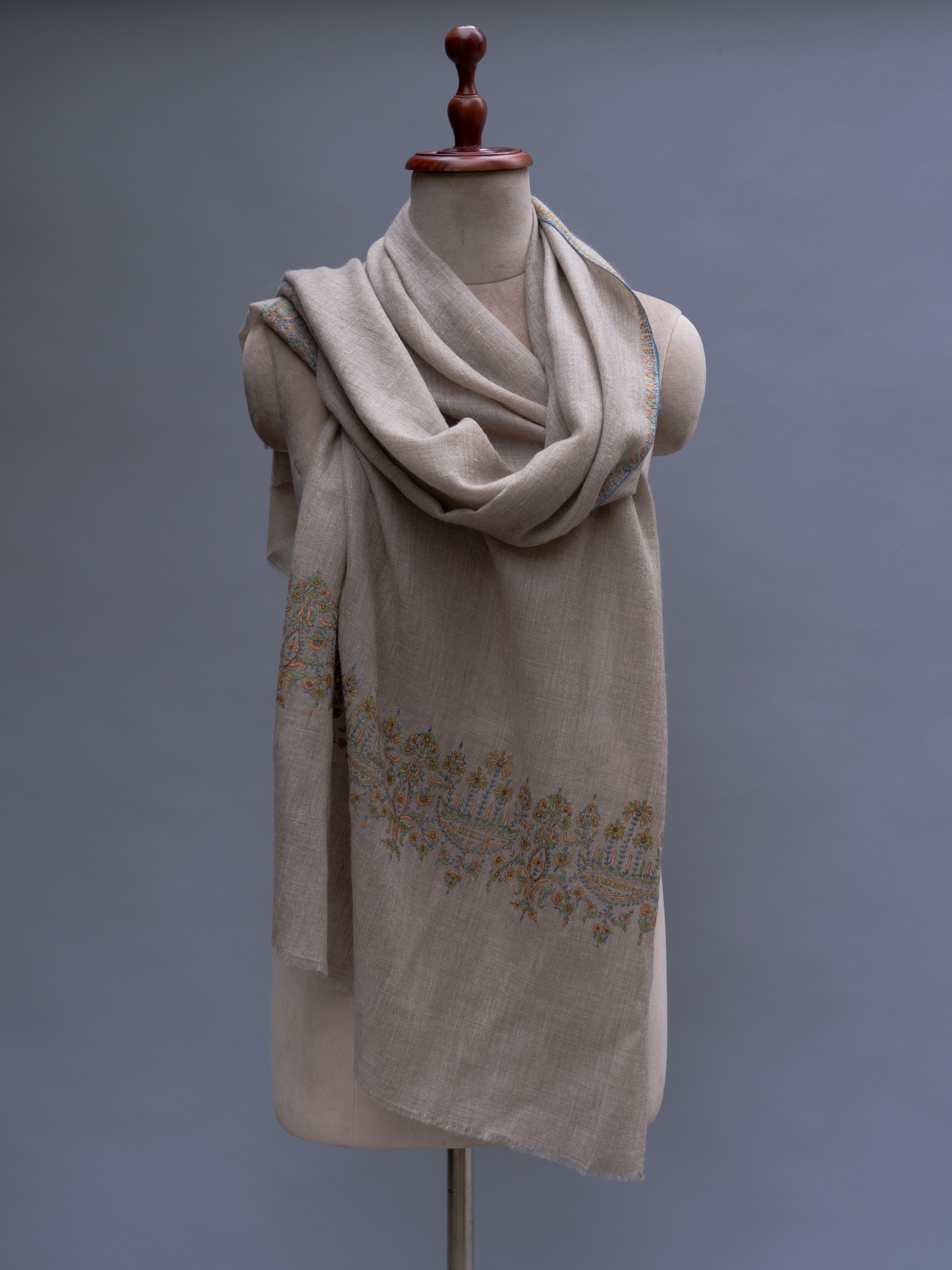 Grey Thin Cashmere Wrap with Sozni Embroidery