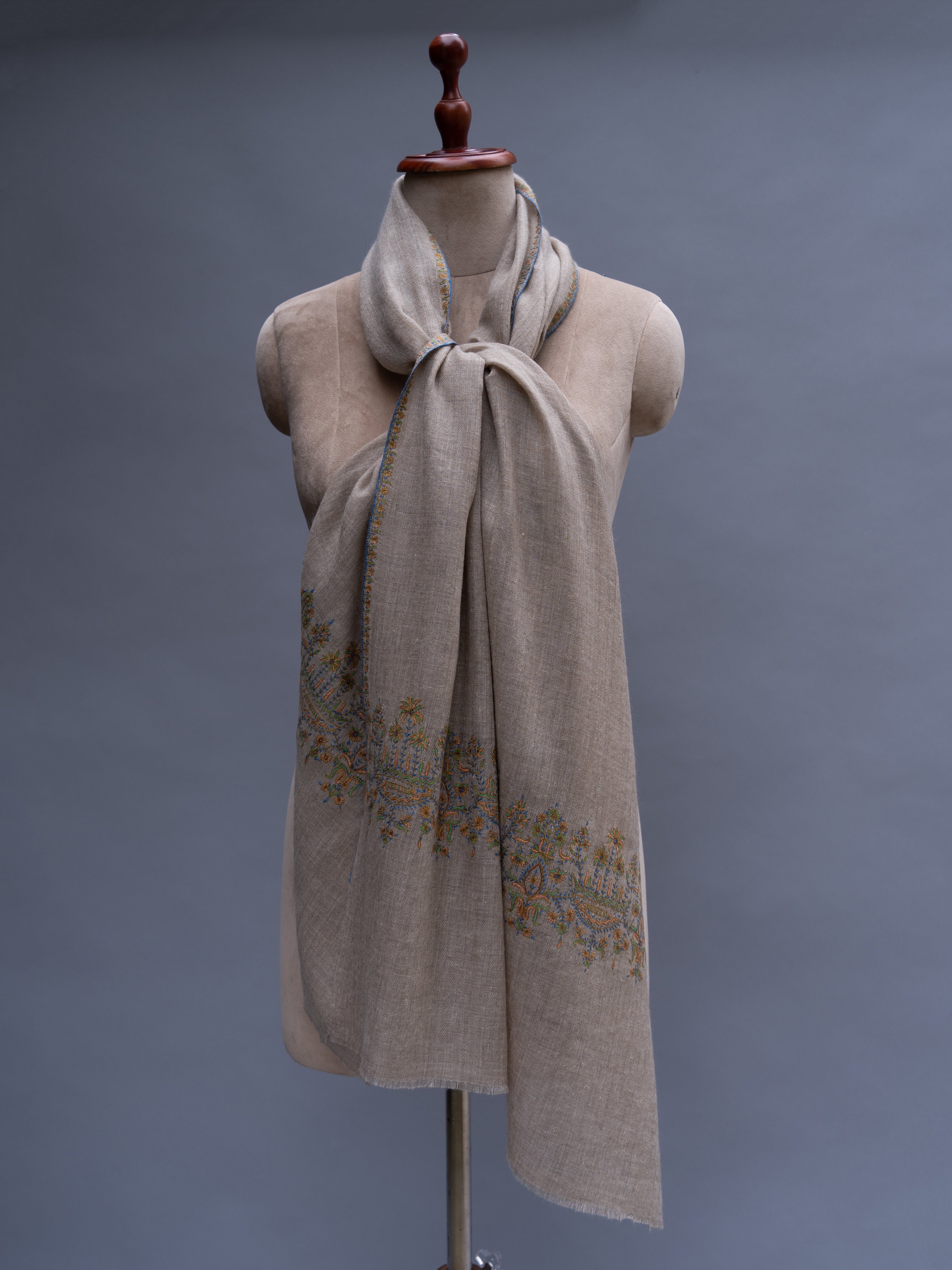 Grey Thin Cashmere Wrap with Sozni Embroidery