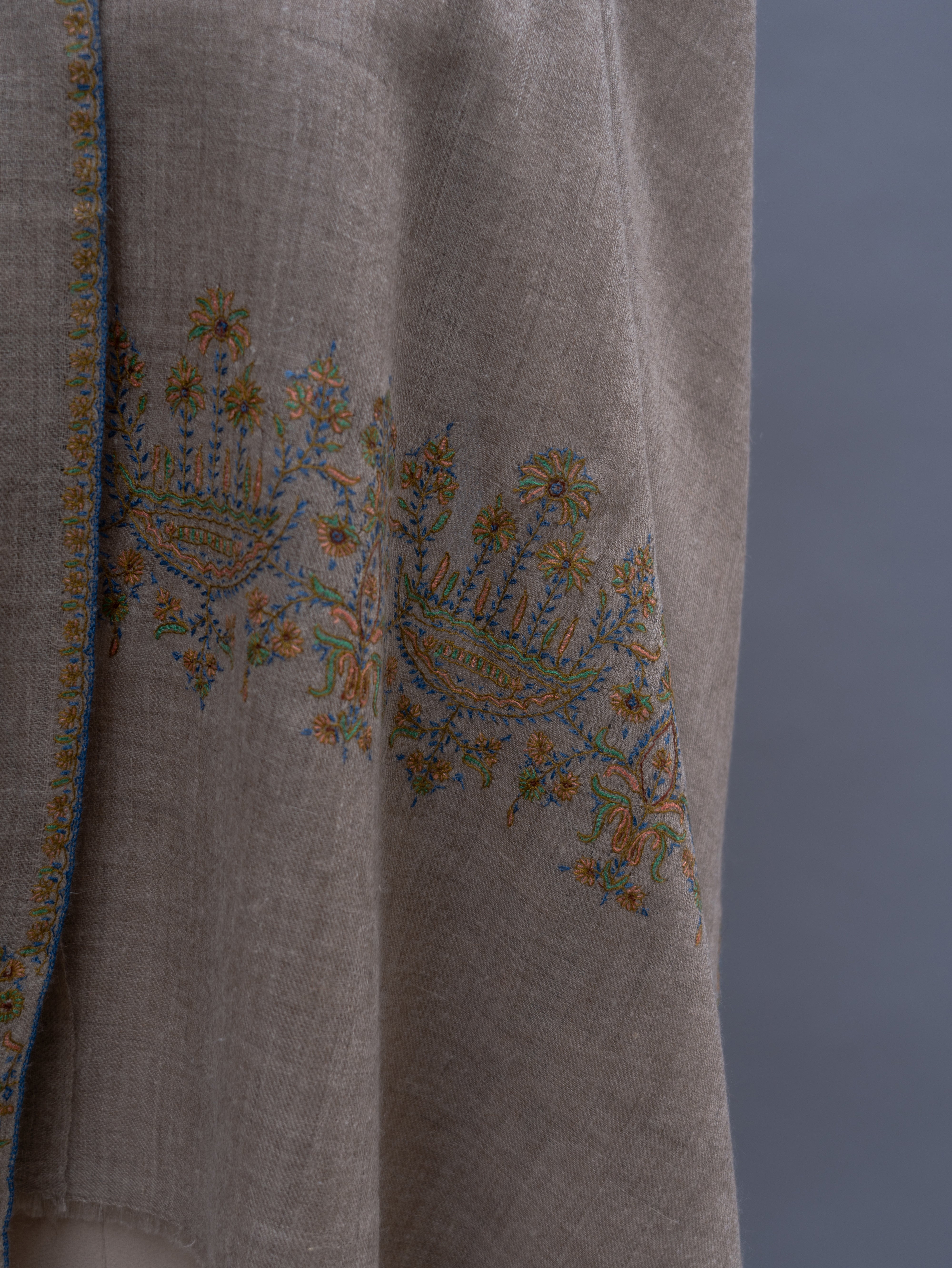 Grey Thin Cashmere Wrap with Sozni Embroidery