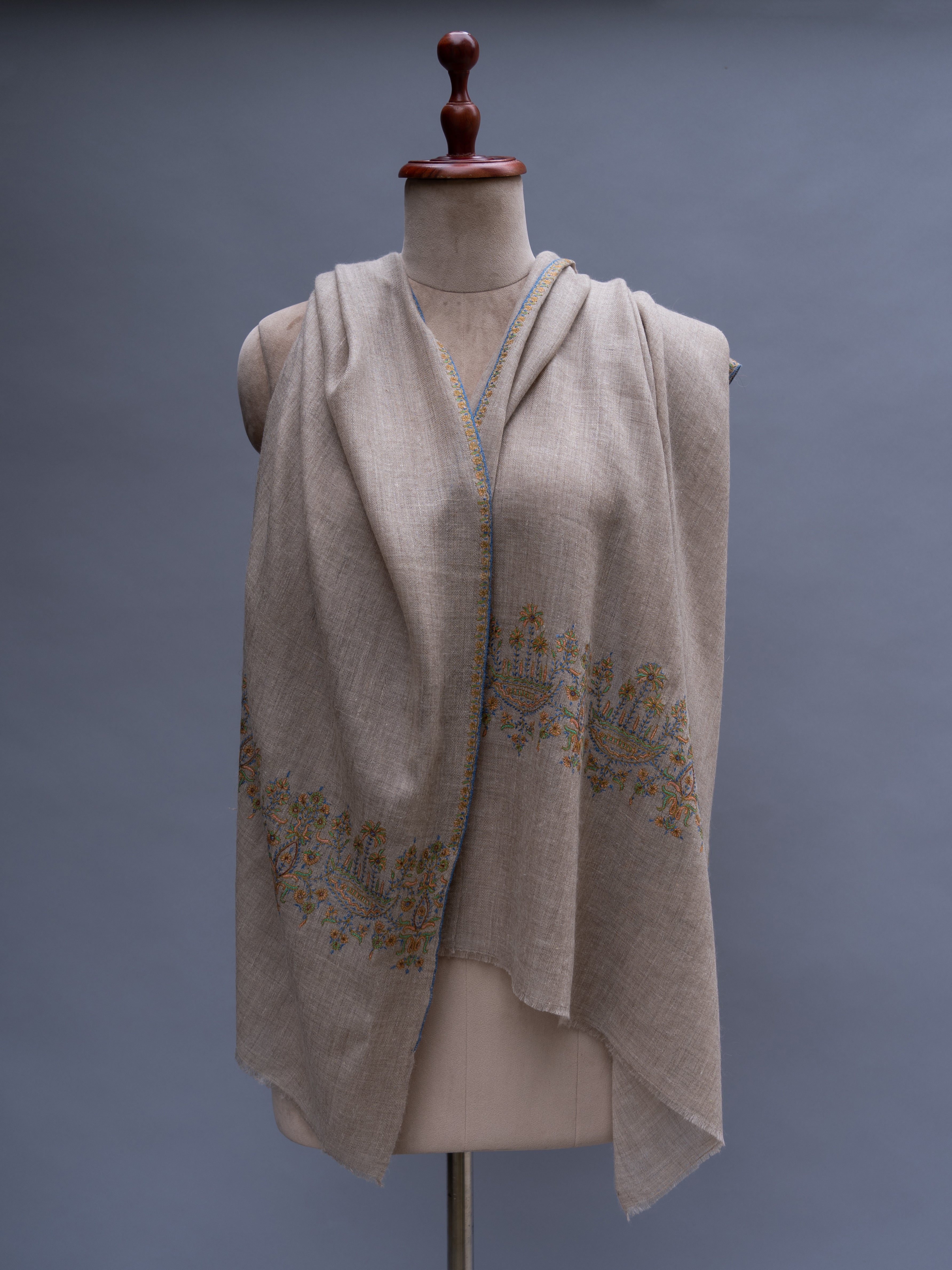 Grey Thin Cashmere Wrap with Sozni Embroidery