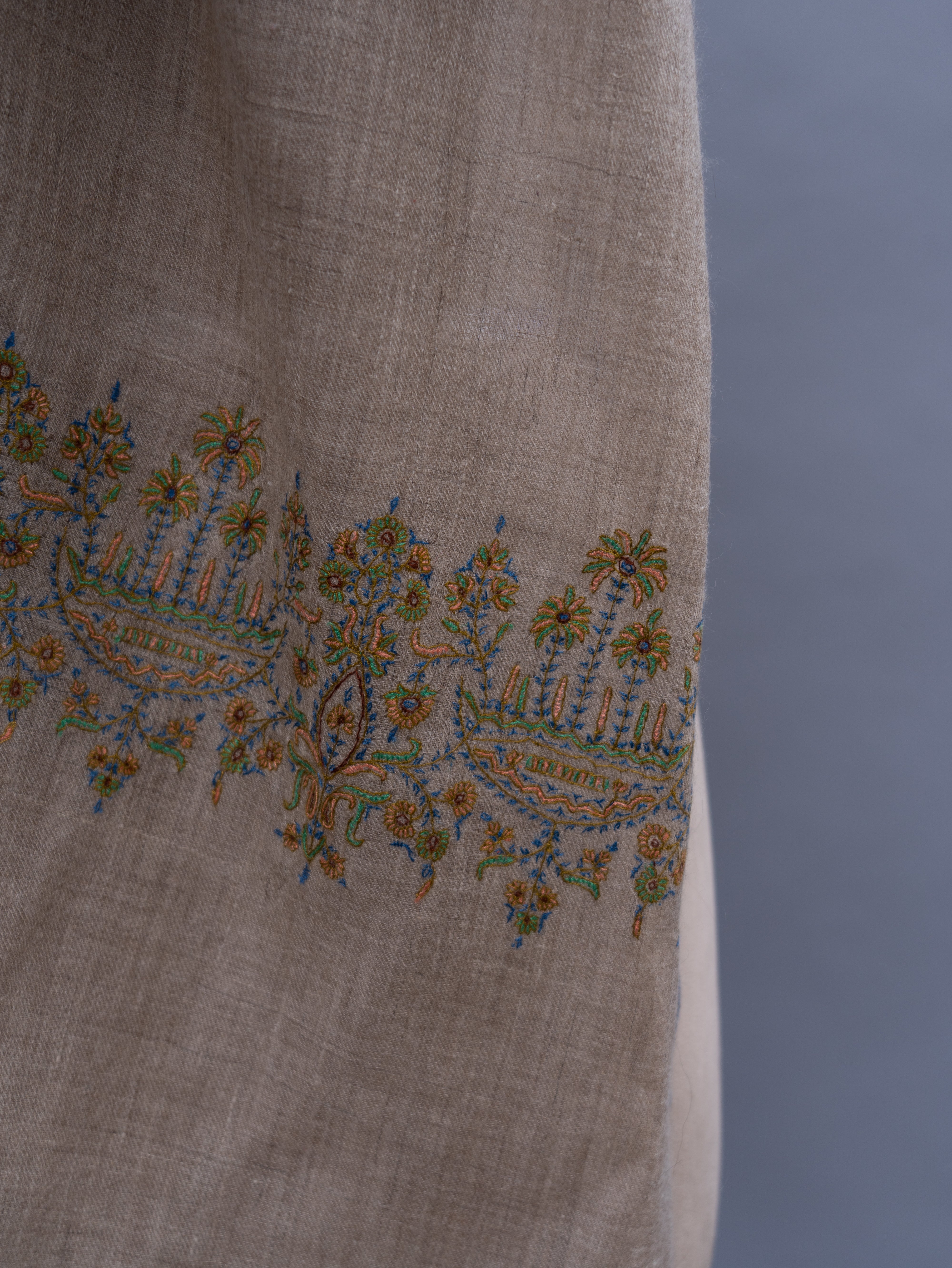 Grey Thin Cashmere Wrap with Sozni Embroidery