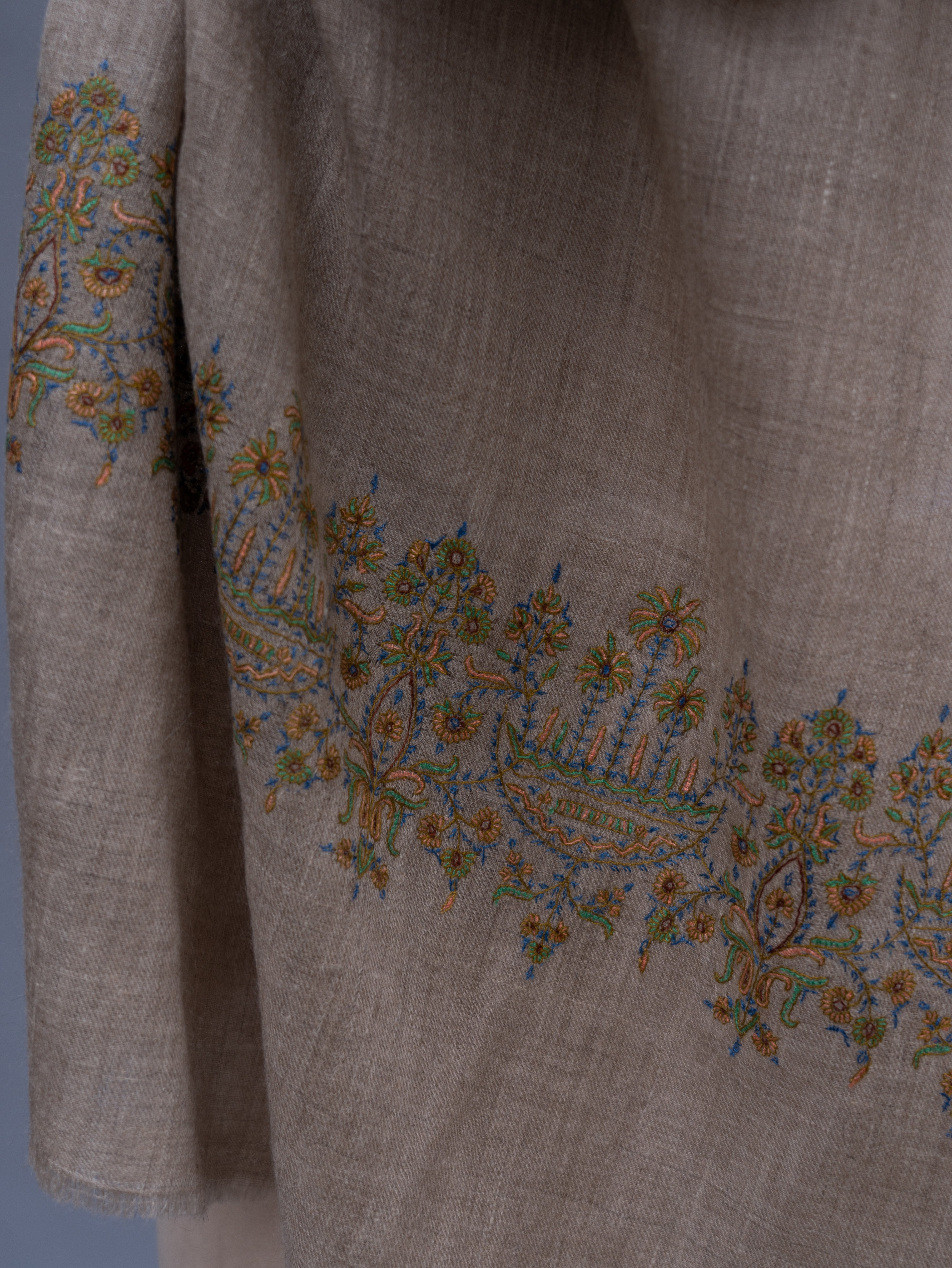 Grey Thin Cashmere Wrap with Sozni Embroidery