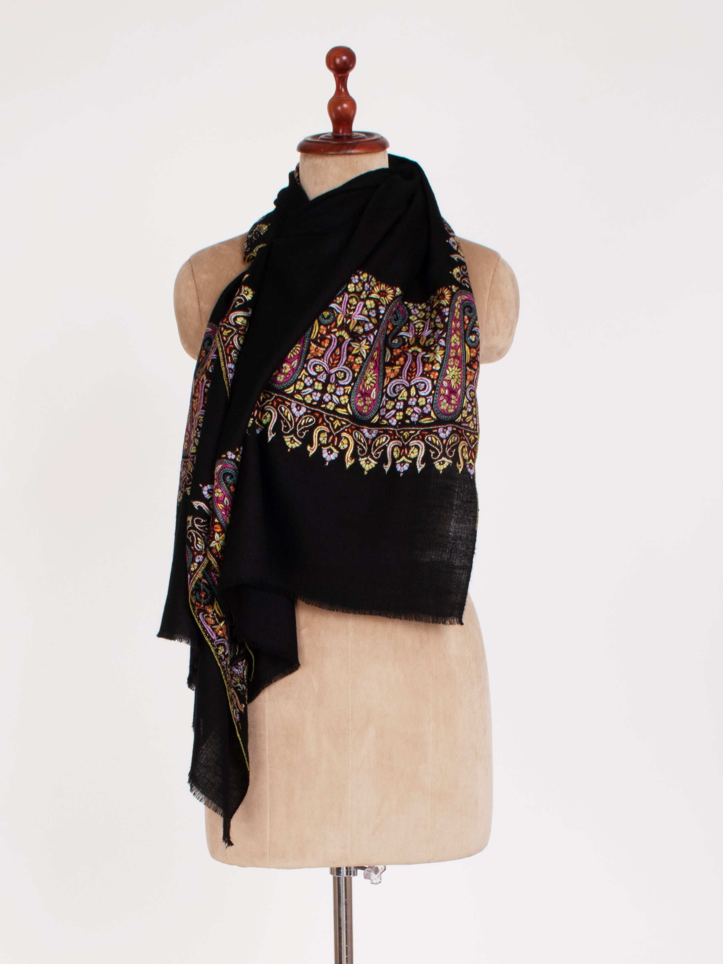 Black Embroidered Paisley Cashmere Scarf