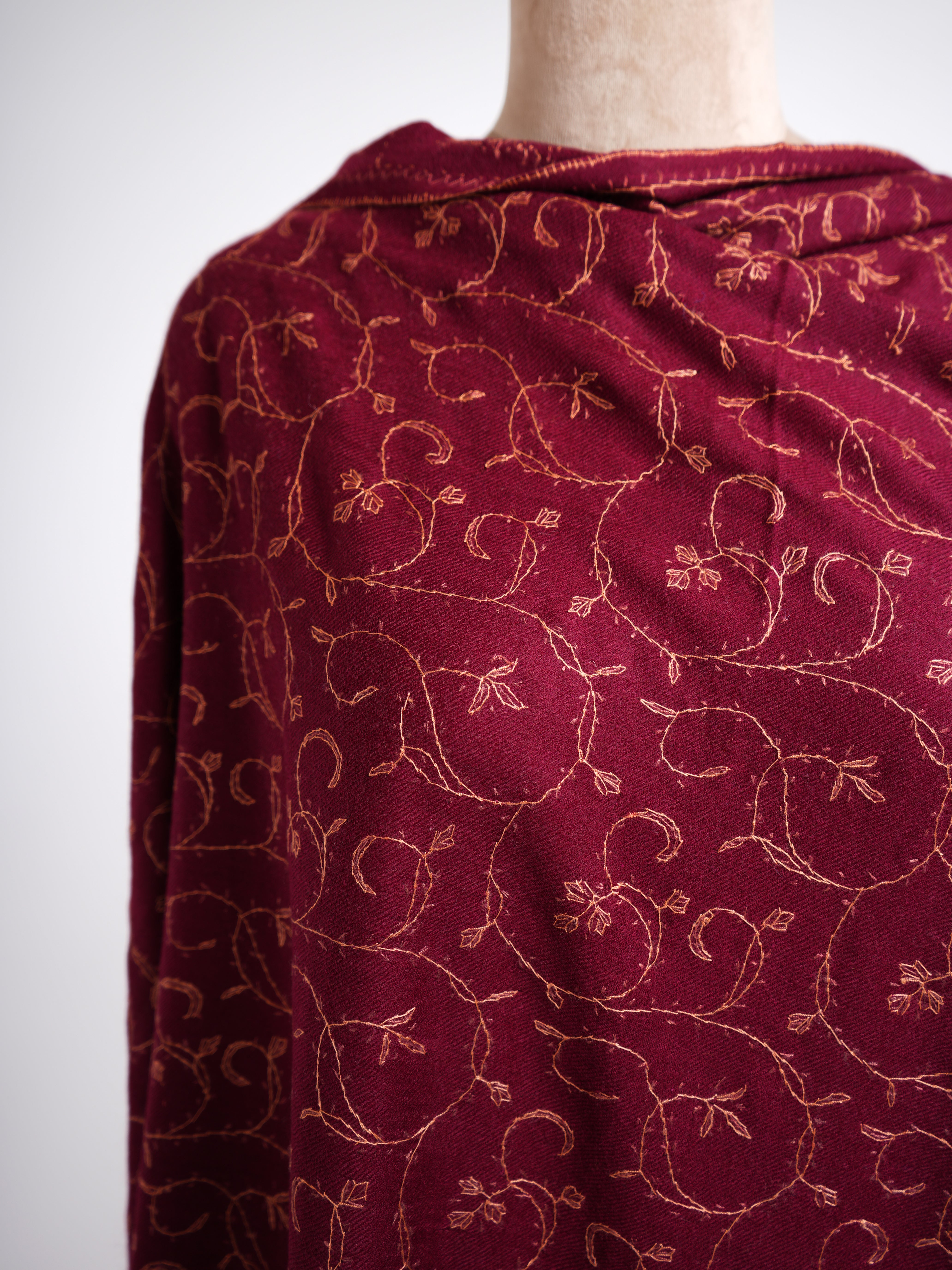 Wine Red Embroidered Boiled Wool Wrap