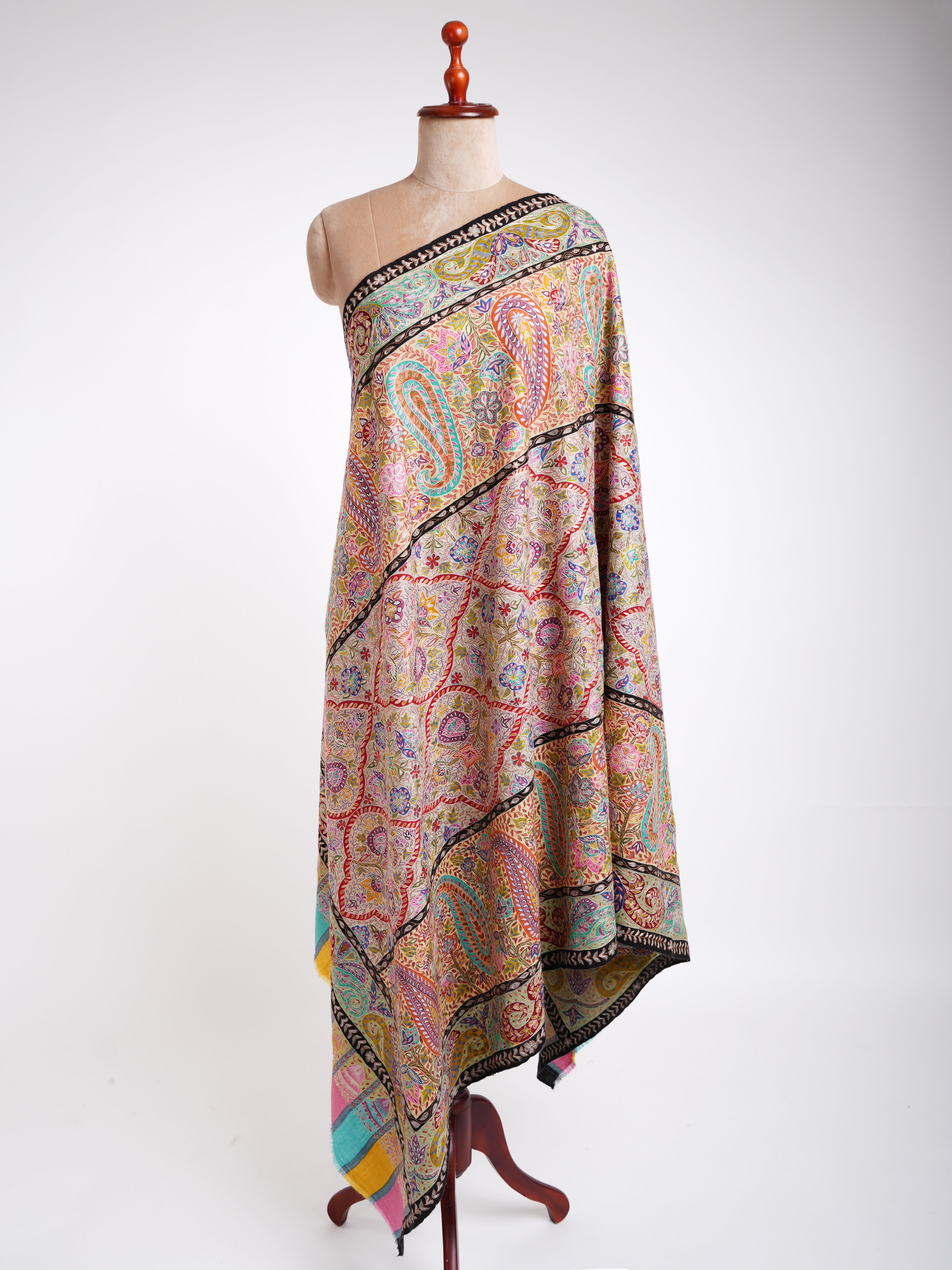 Châle Pashmina en soie d’art Kalamkari peint à la main