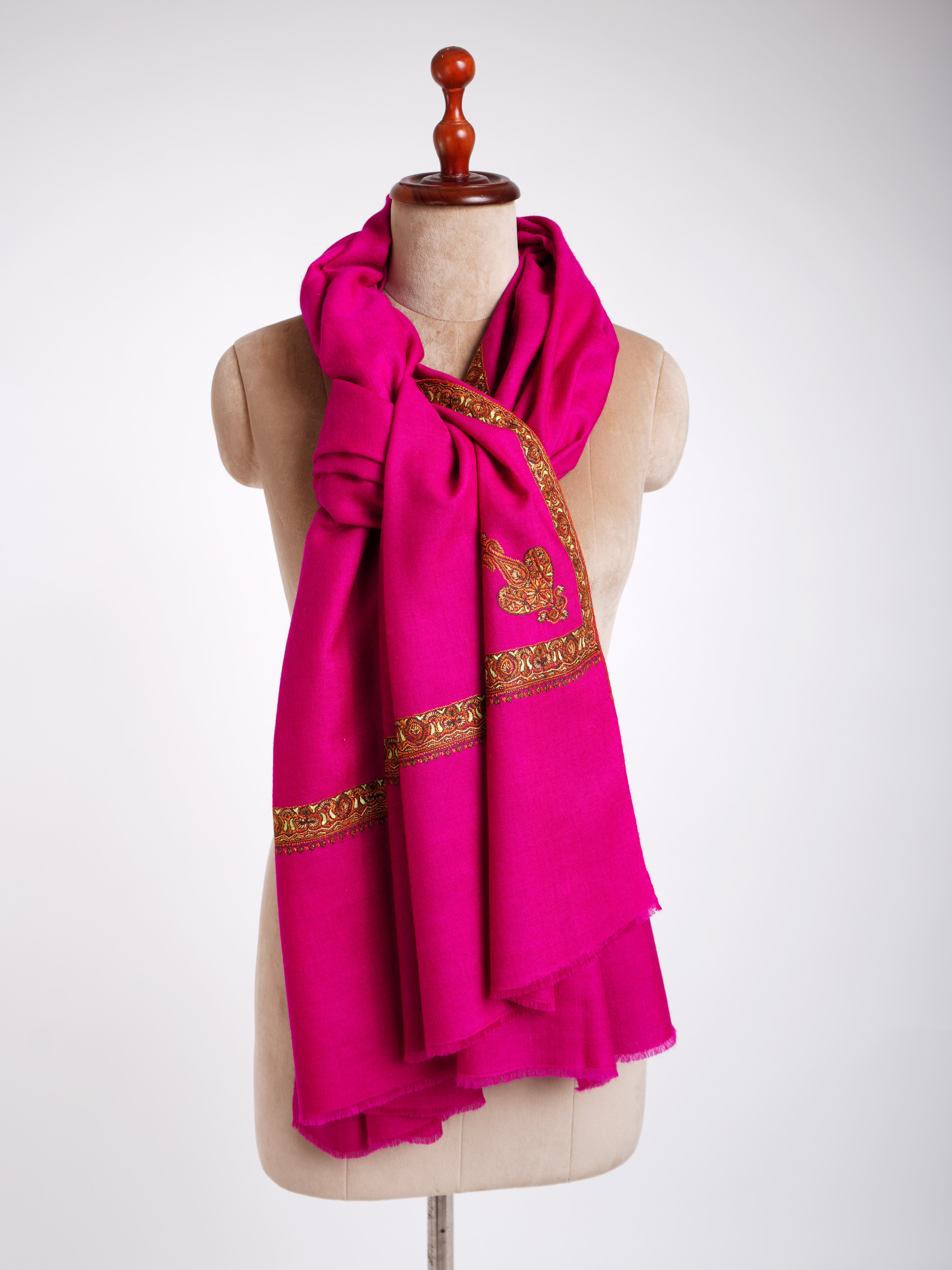 Châle Pashmina brodé à la main rose magenta