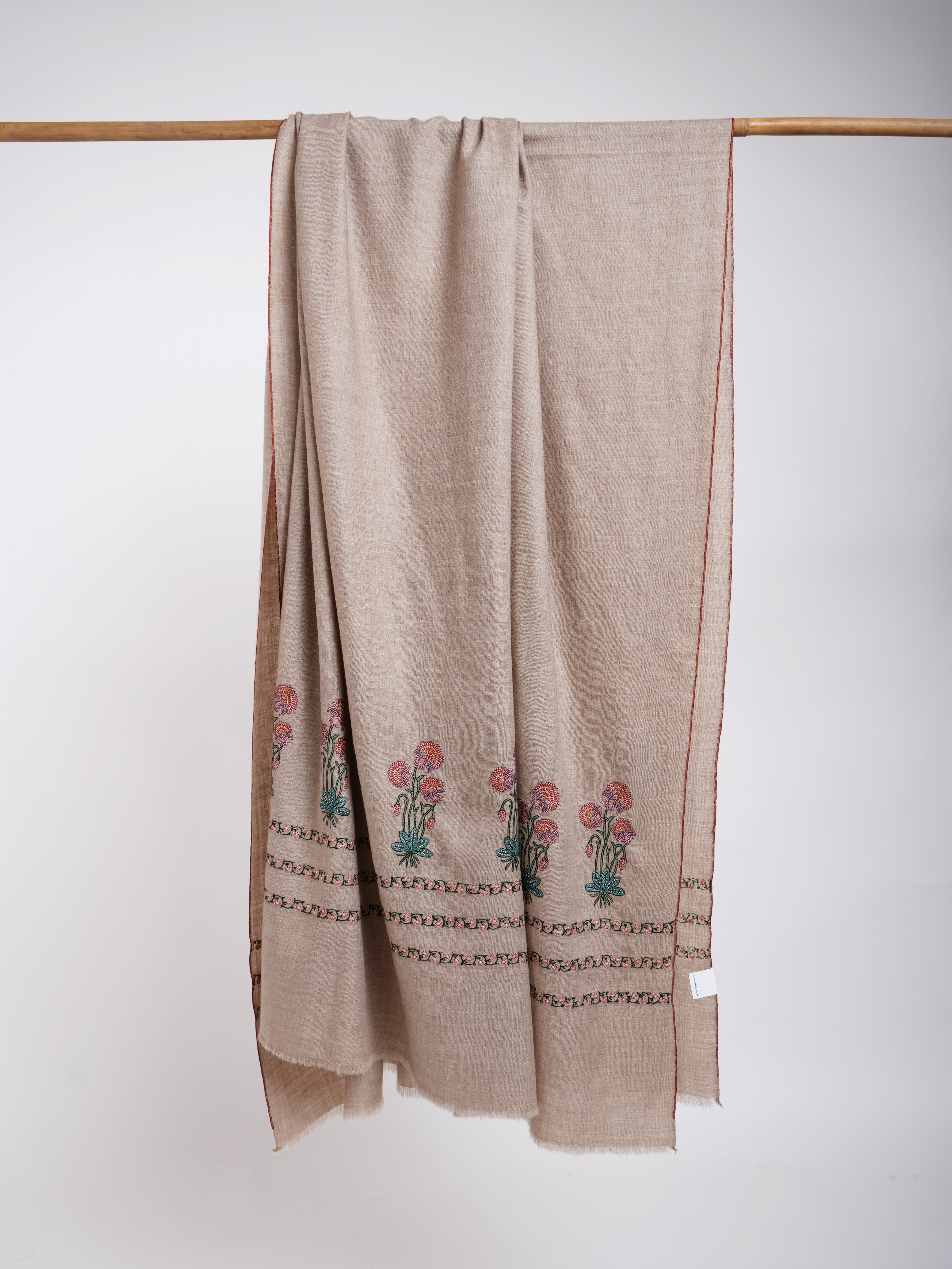 Sozni Palla Buti Hand Embroidered Pashmina Shawl Natural