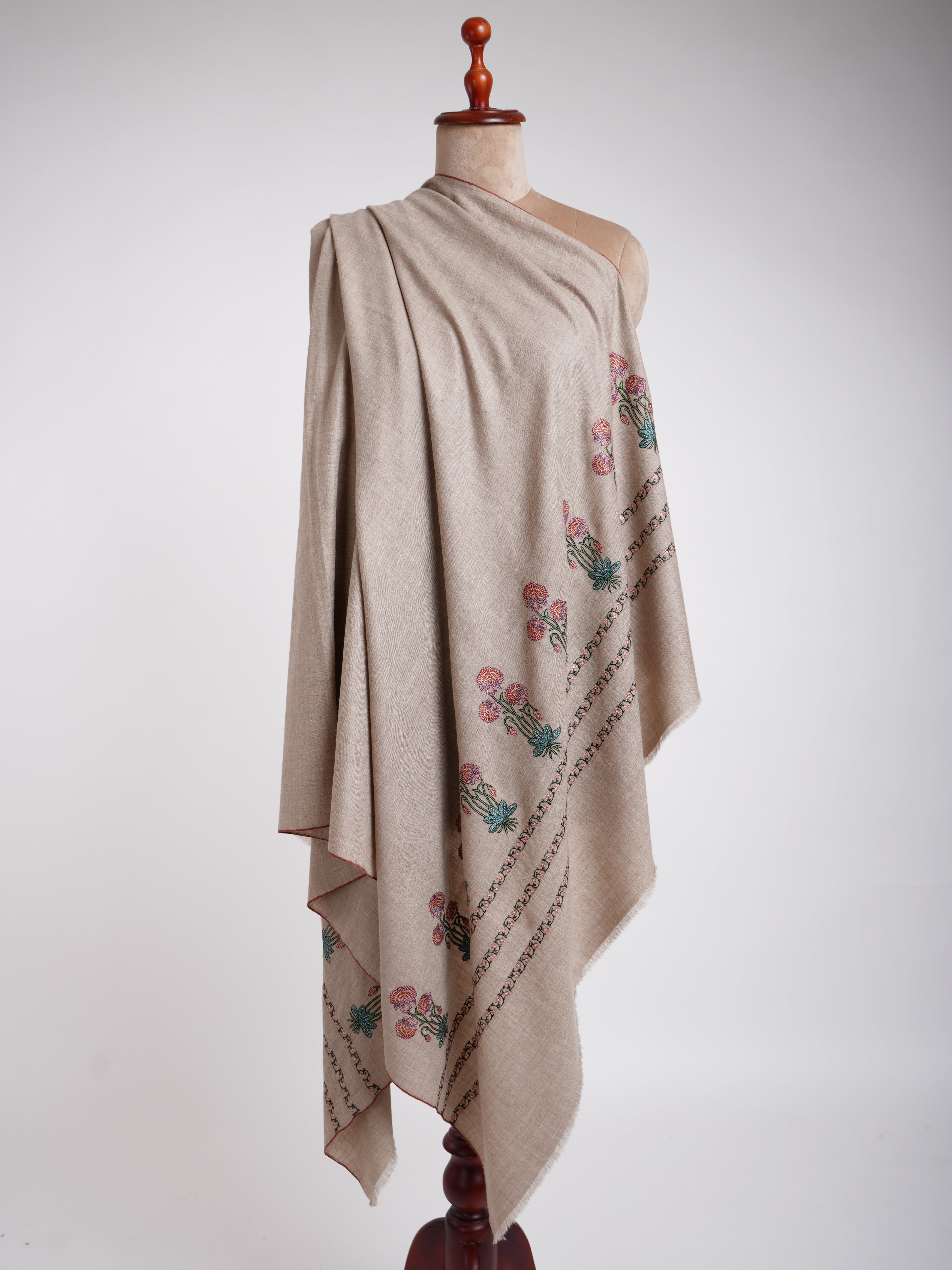 Sozni Palla Buti Hand Embroidered Pashmina Shawl Natural