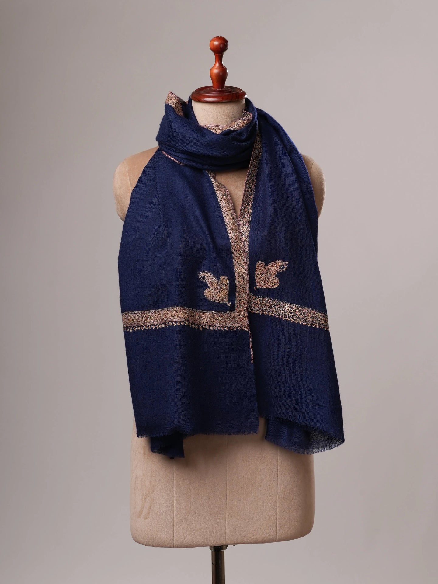Dark Blue Cashmere Scarf with Classic Hand Embroidery Shahkaar