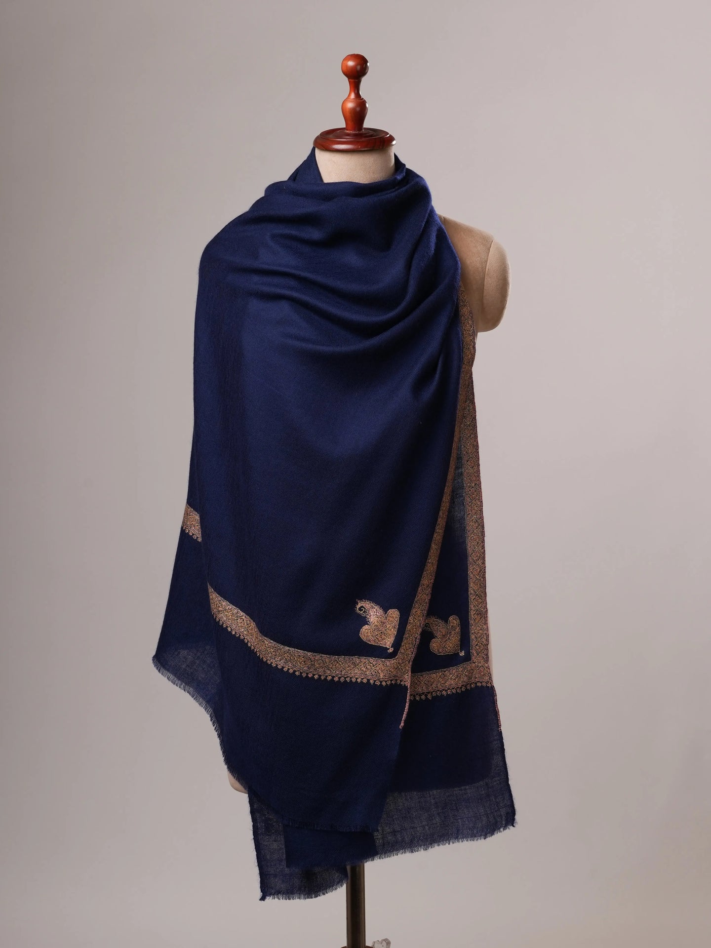 Dark Blue Cashmere Scarf with Classic Hand Embroidery Shahkaar