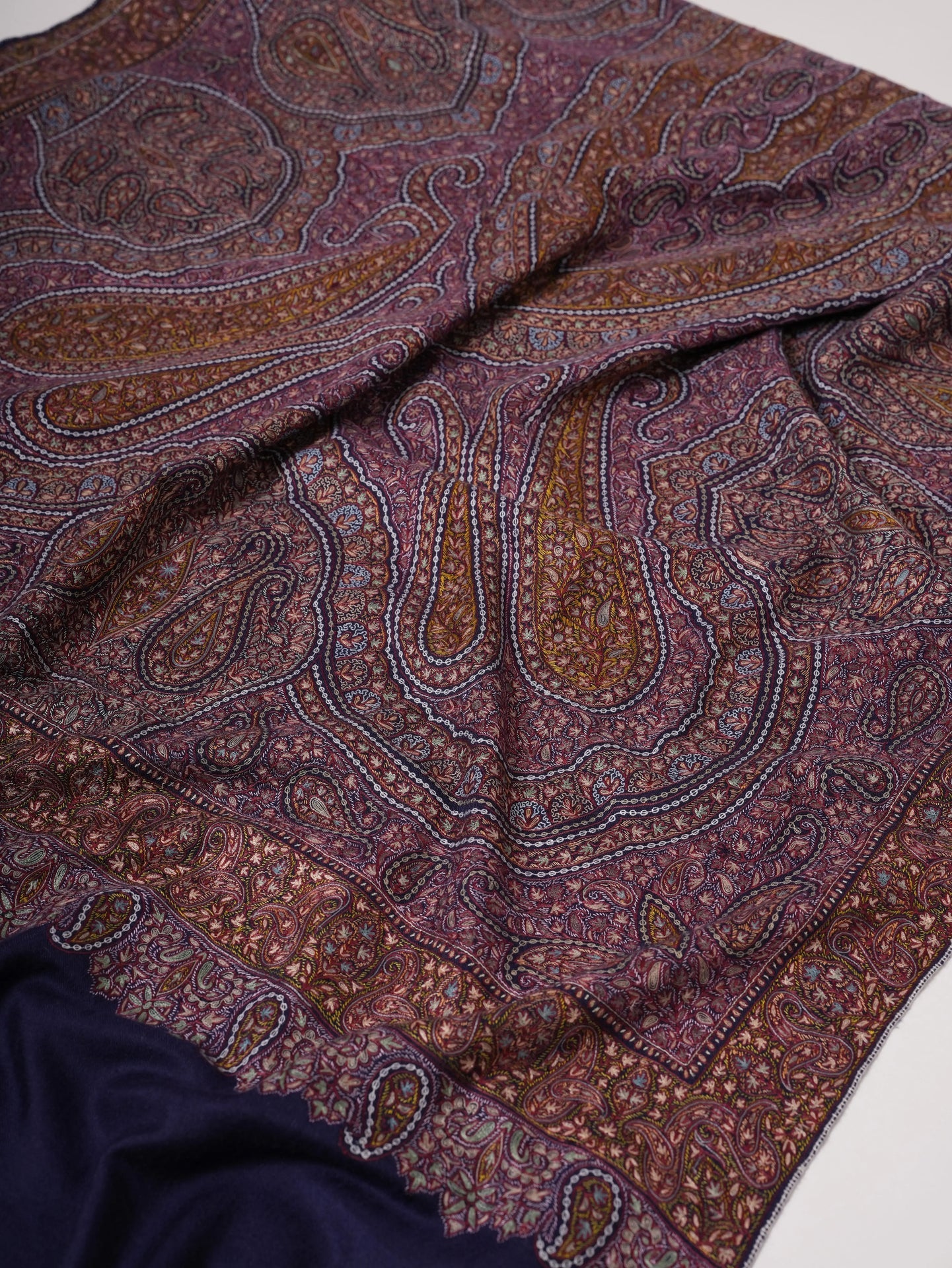Dark Blue Jamavar Pashmina Shawl with Hand Hook & Sozni Embroidery Shahkaar