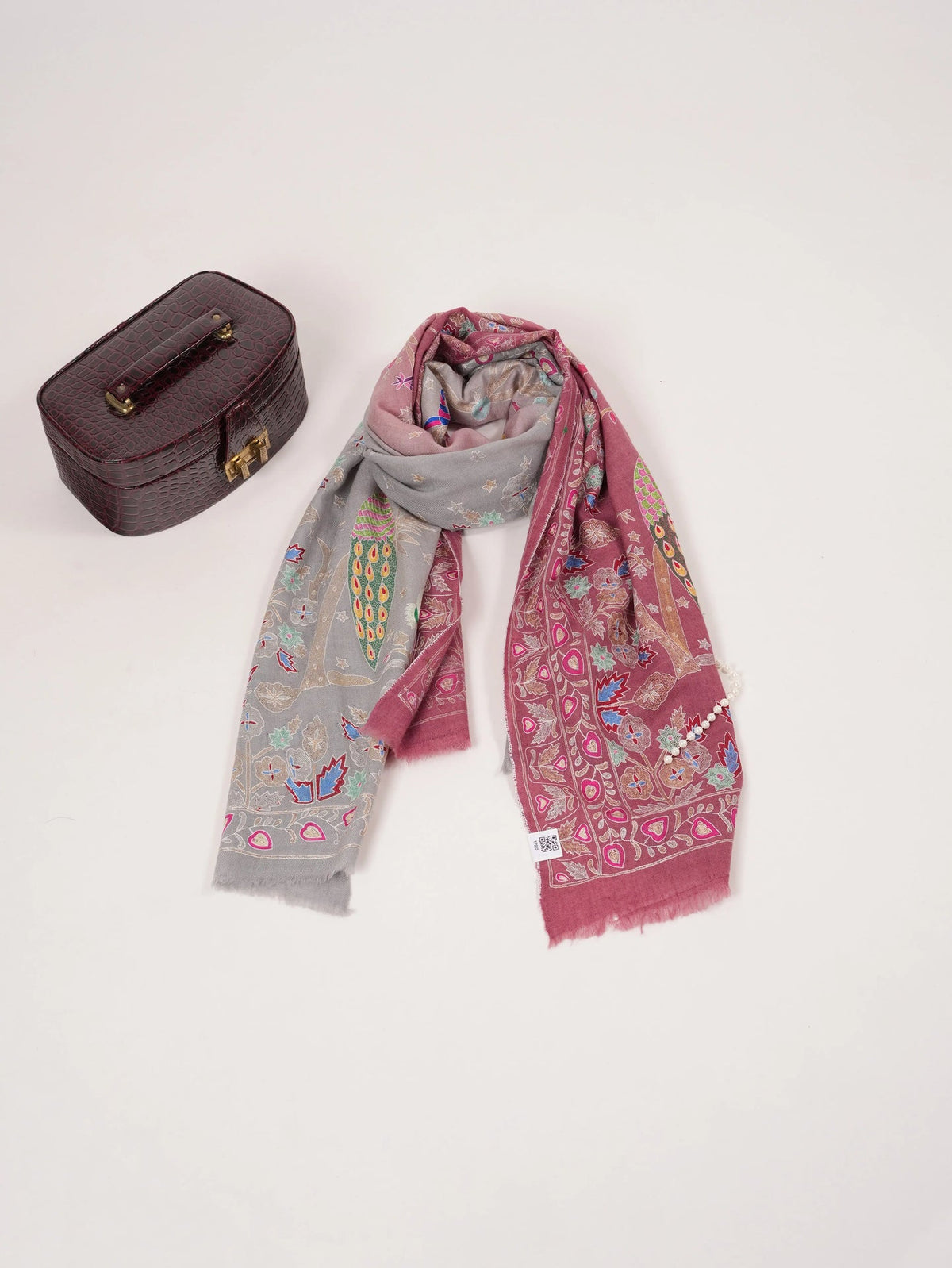 Kalamkari Dual Shade Handwoven Pashmina Shawl with Hand Embroidery Shahkaar.com