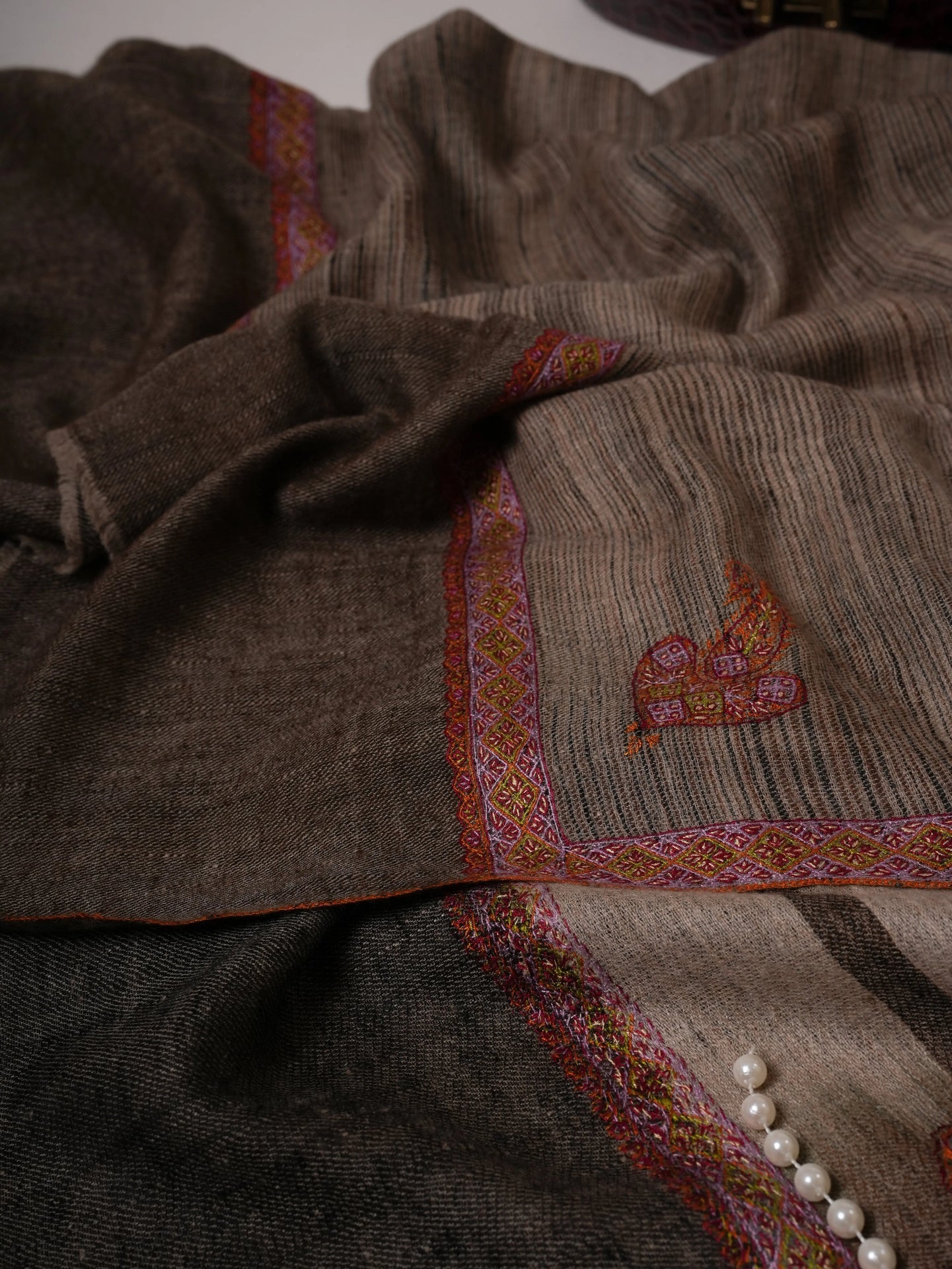 Dual Tone Oversized Handwoven Pashmina Shawl with Hashia Hand Embroidery Shahkaar