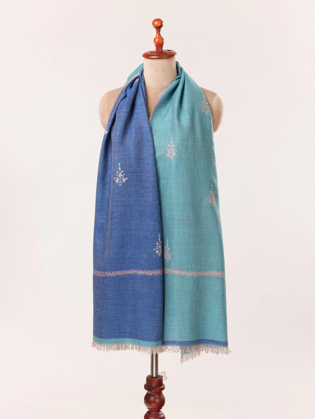 Dual Tone Handwoven Cashmere Scarf with Buteh Sozni Embroidery from Kashmir Shahkaar.com