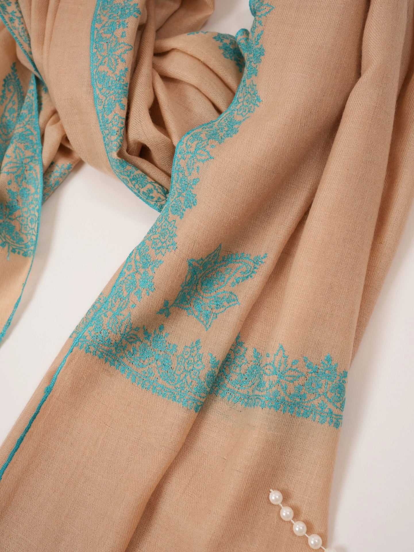 Kashmiri Handwoven Tan Pashmina Shawl with Neemdaur Hand Sozni Embroidery Shahkaar.com
