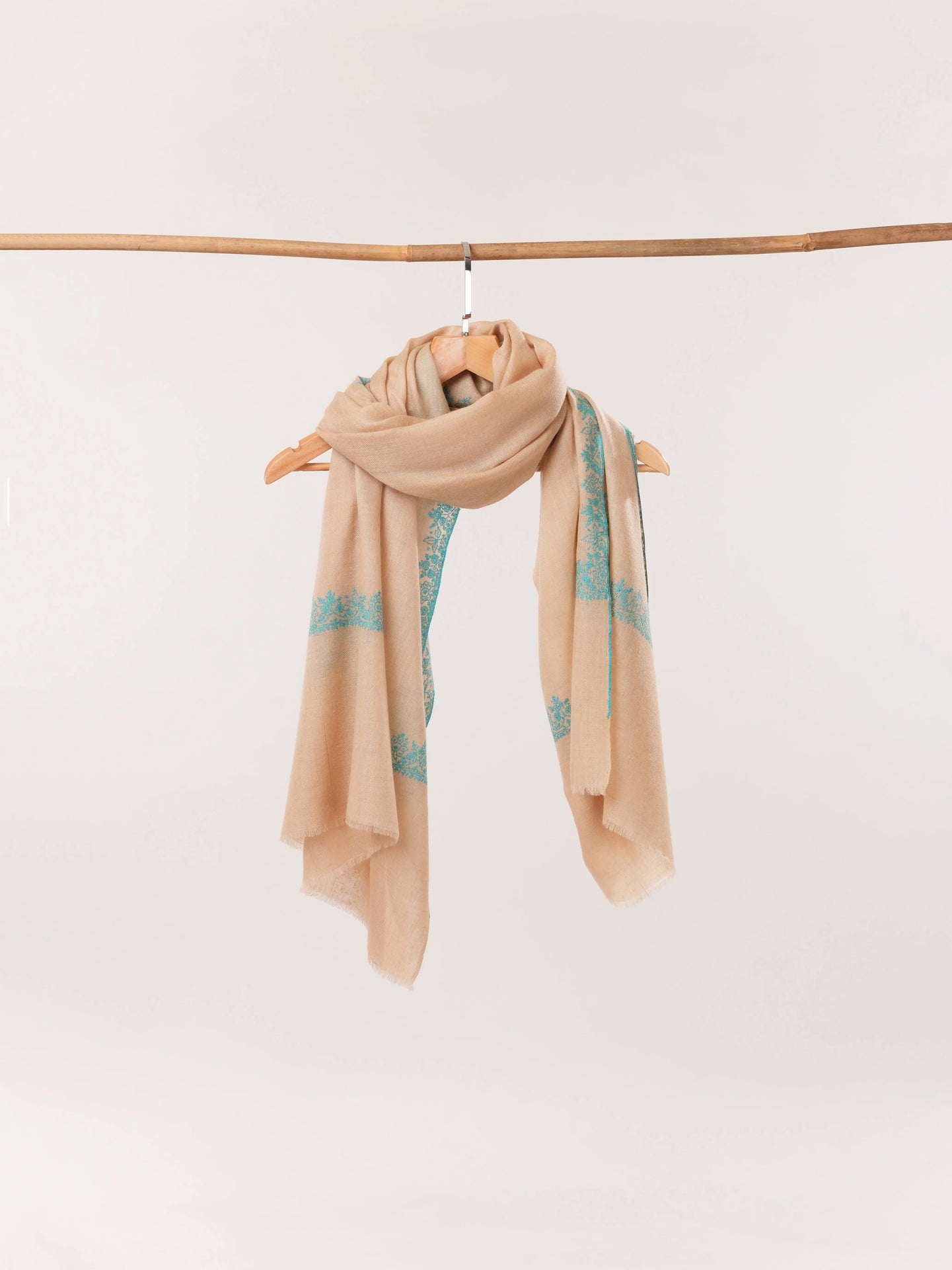 Kashmiri Handwoven Tan Pashmina Shawl with Neemdaur Hand Sozni Embroidery Shahkaar.com