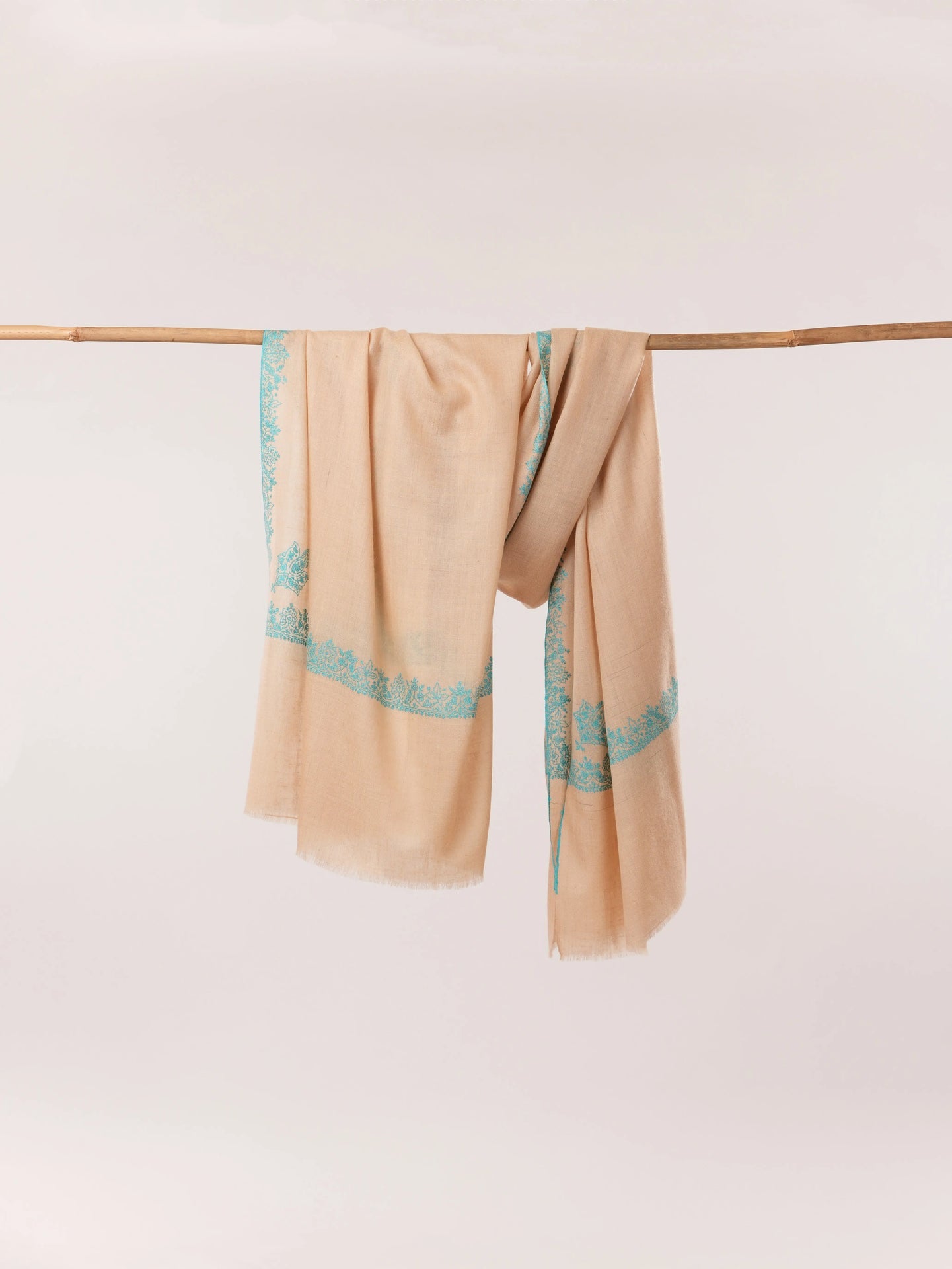Kashmiri Handwoven Tan Pashmina Shawl with Neemdaur Hand Sozni Embroidery Shahkaar.com