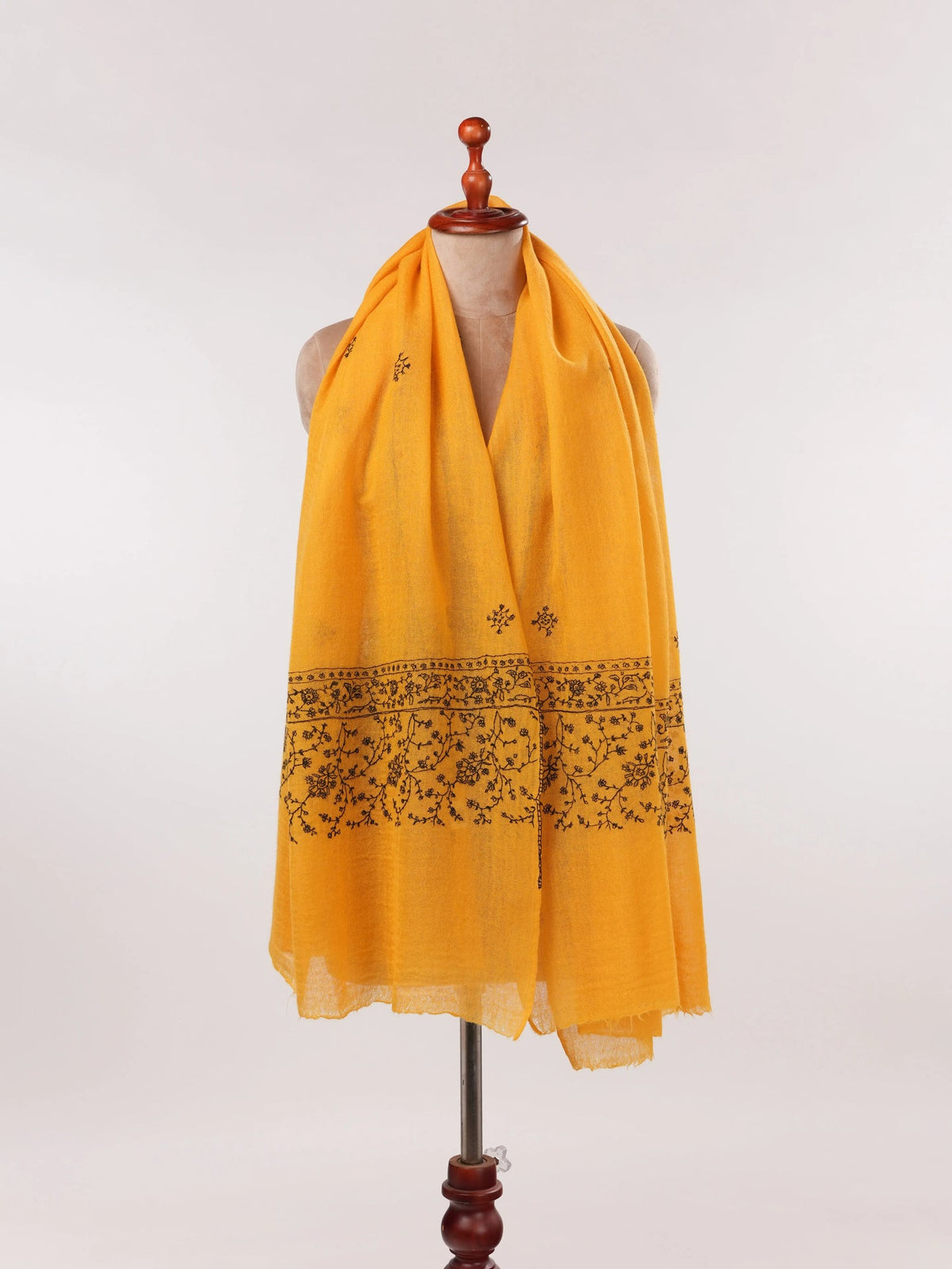 Original Mustard Fine Boiled Wool Shawl with Palldar Hand Sozni Embroidery Shahkaar.com