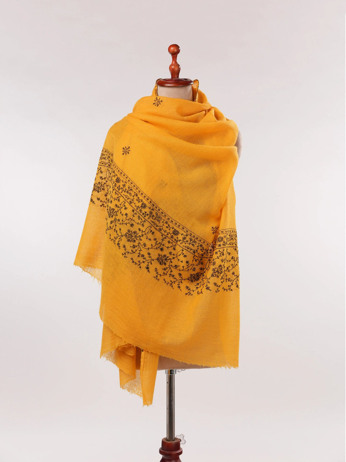 Original Mustard Fine Boiled Wool Shawl with Palldar Hand Sozni Embroidery Shahkaar.com