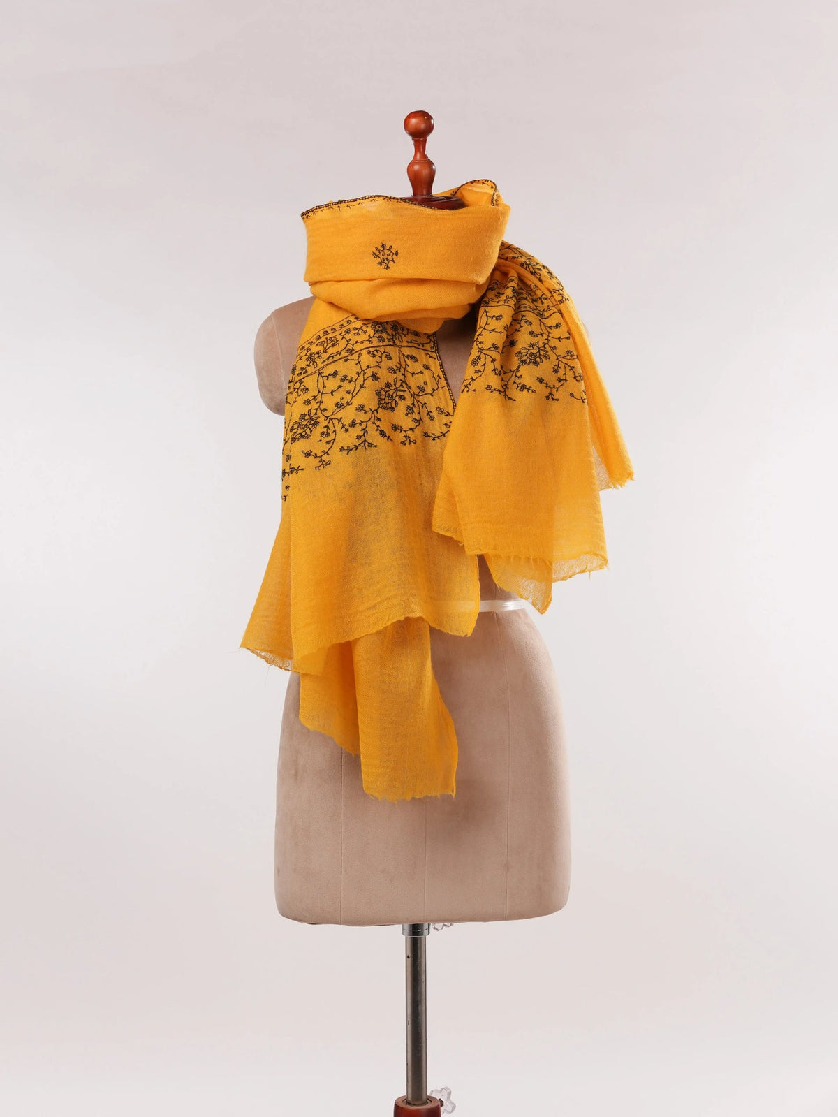 Original Mustard Fine Boiled Wool Shawl with Palldar Hand Sozni Embroidery Shahkaar.com