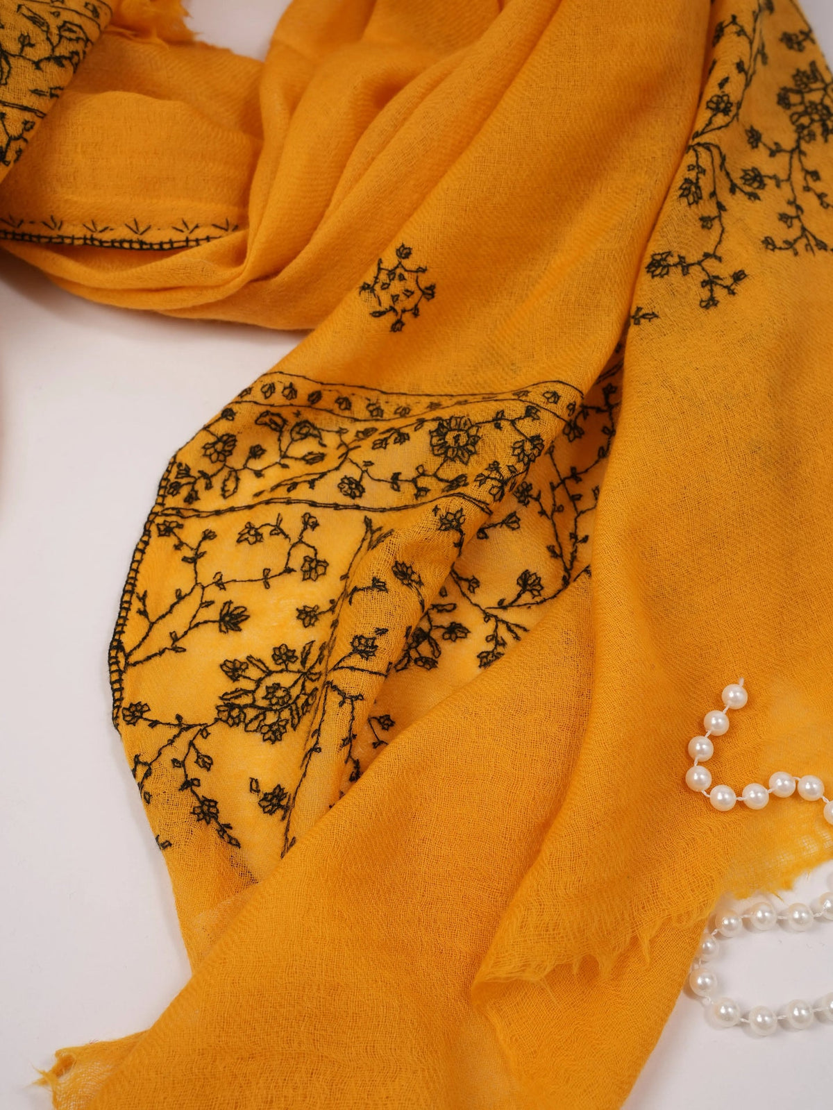 Original Mustard Fine Boiled Wool Shawl with Palldar Hand Sozni Embroidery Shahkaar.com