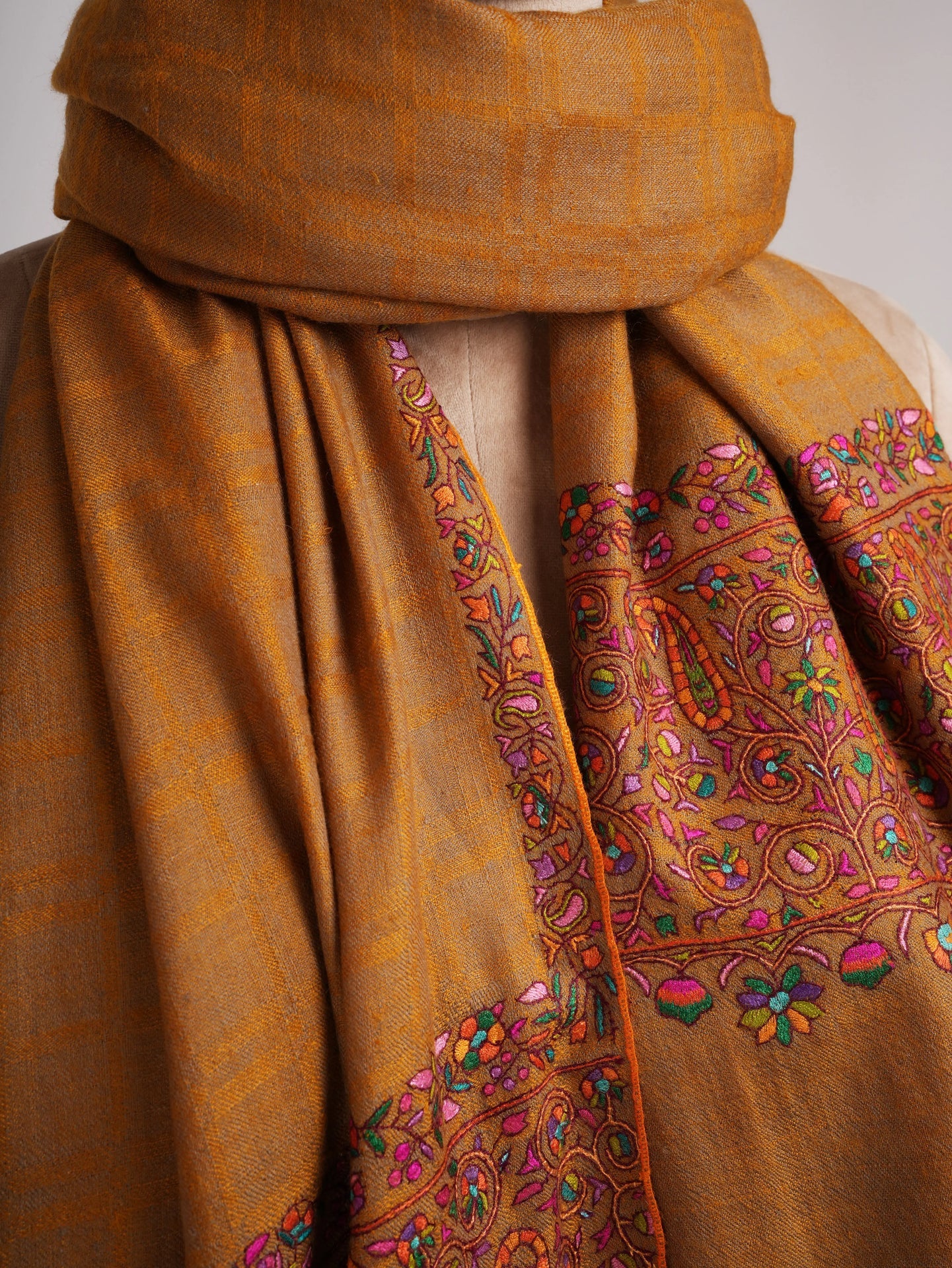Gold Check with Palla Embroidered Pure Pashmina Shawl Shahkaar