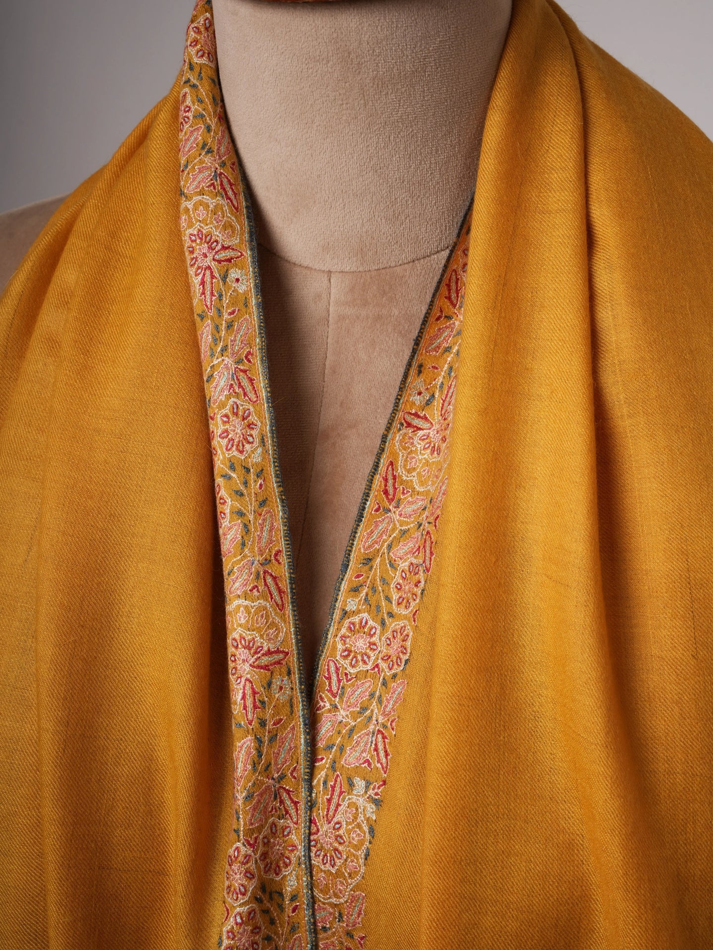 Golden Pashmina Shawl with Fine Border Embroidery Classic Paisley Corners Soft Elegant Shahkaar