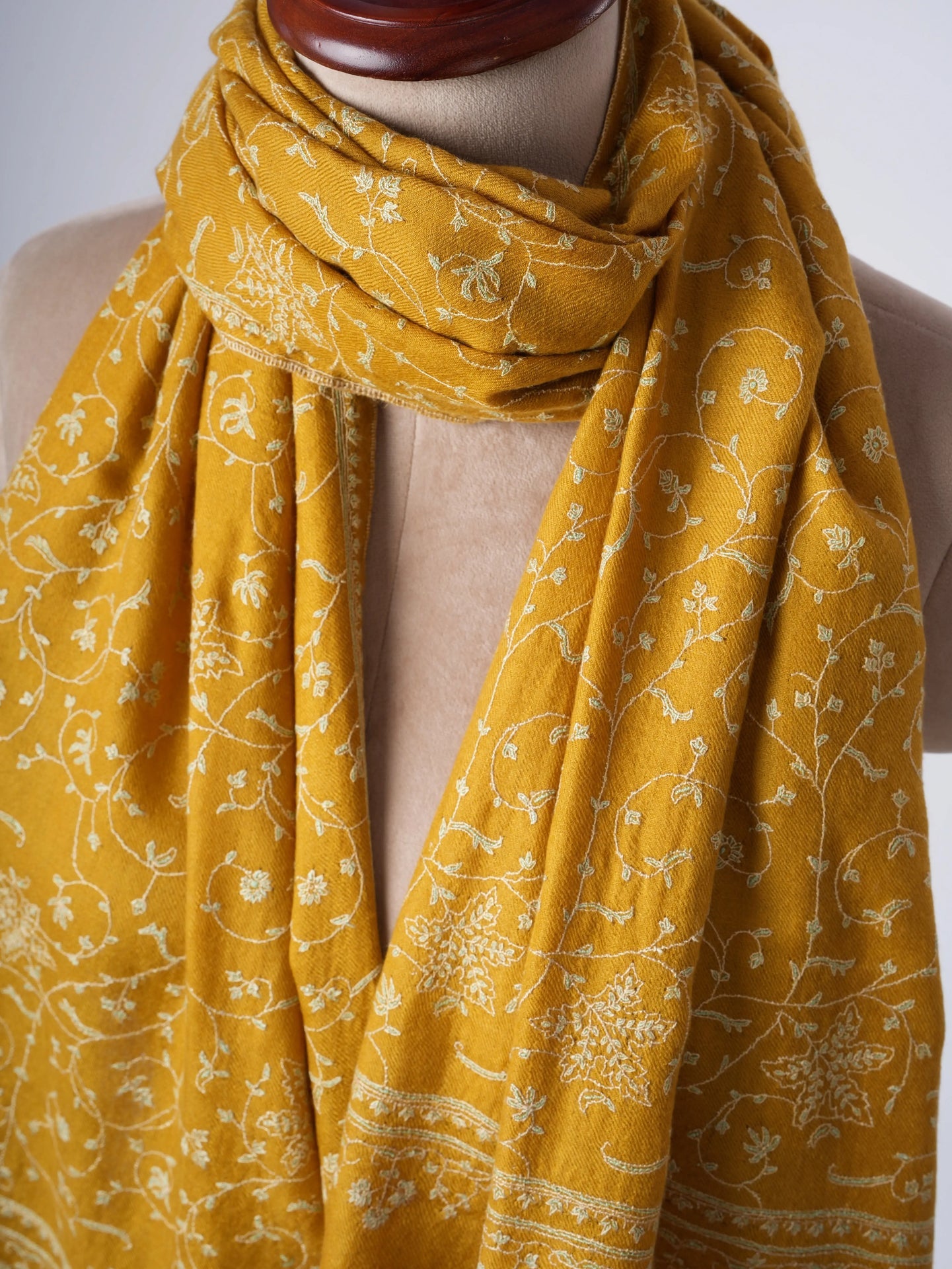 Golden Yellow Baby Soft Cashmere Scarf with Jali Hand Embroidery – Artisan Luxury Shahkaar