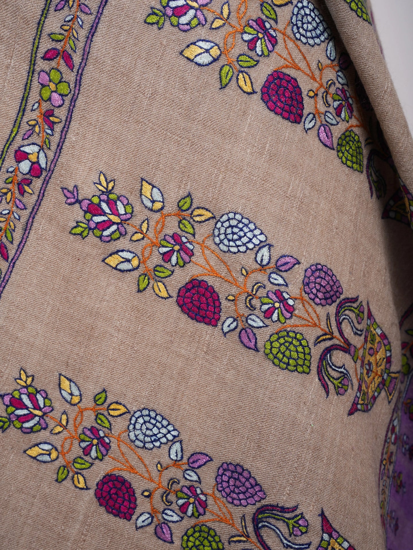 Gray and Purple Kashmiri Pashmina Shawl with Sozni Embroidery Shahkaar