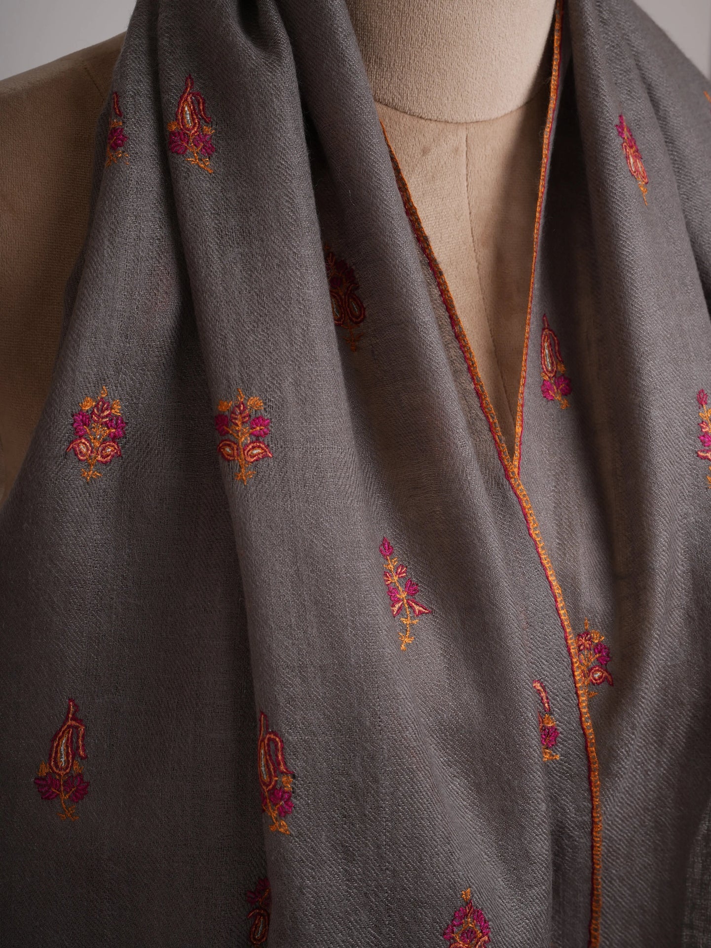 Grey Cashmere Stole with Minimalist Needlework Shahkaar