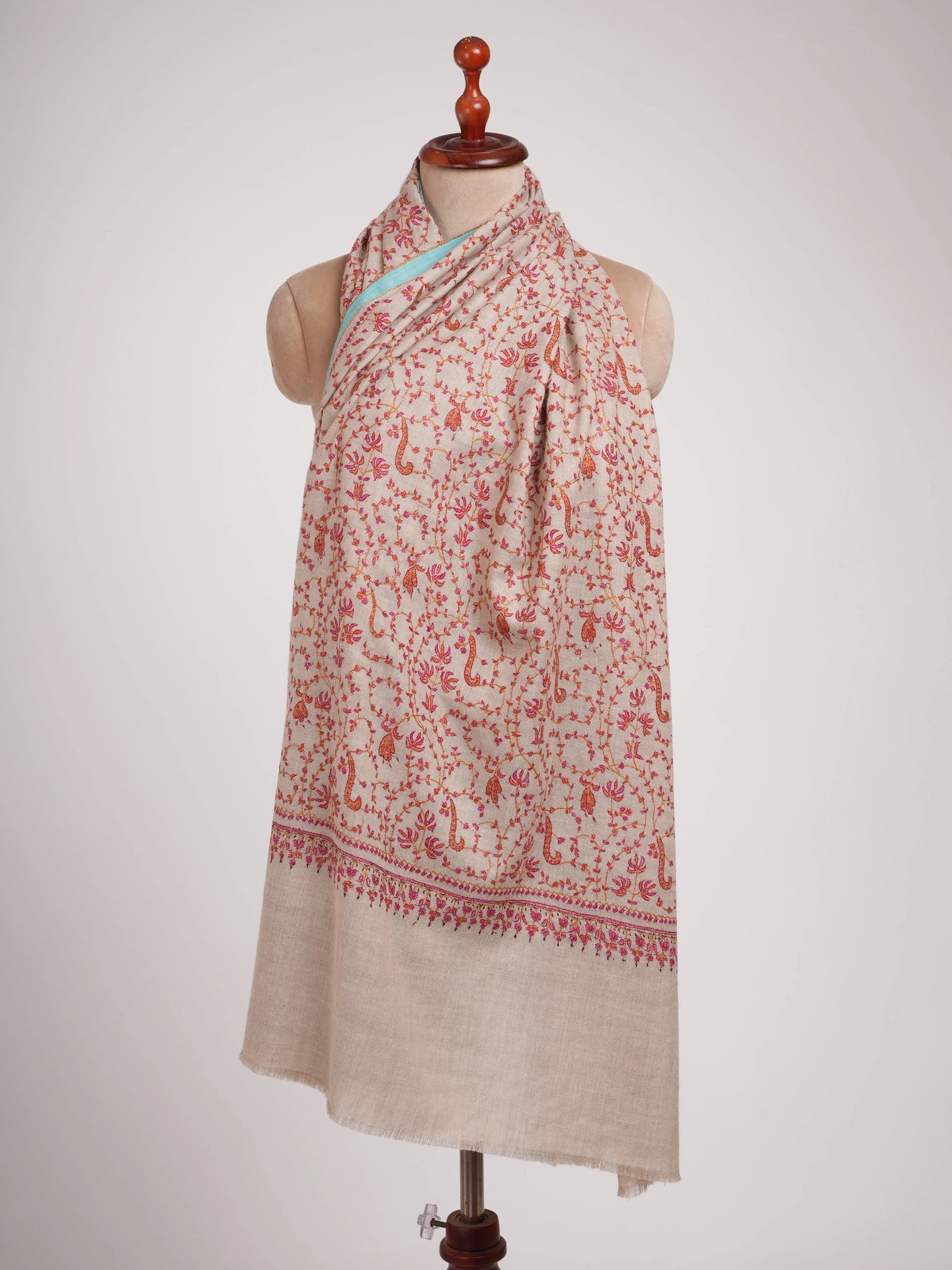 Hand Embroidered Allover Jali Motif Silver Pashmina Shawl Shahkaar