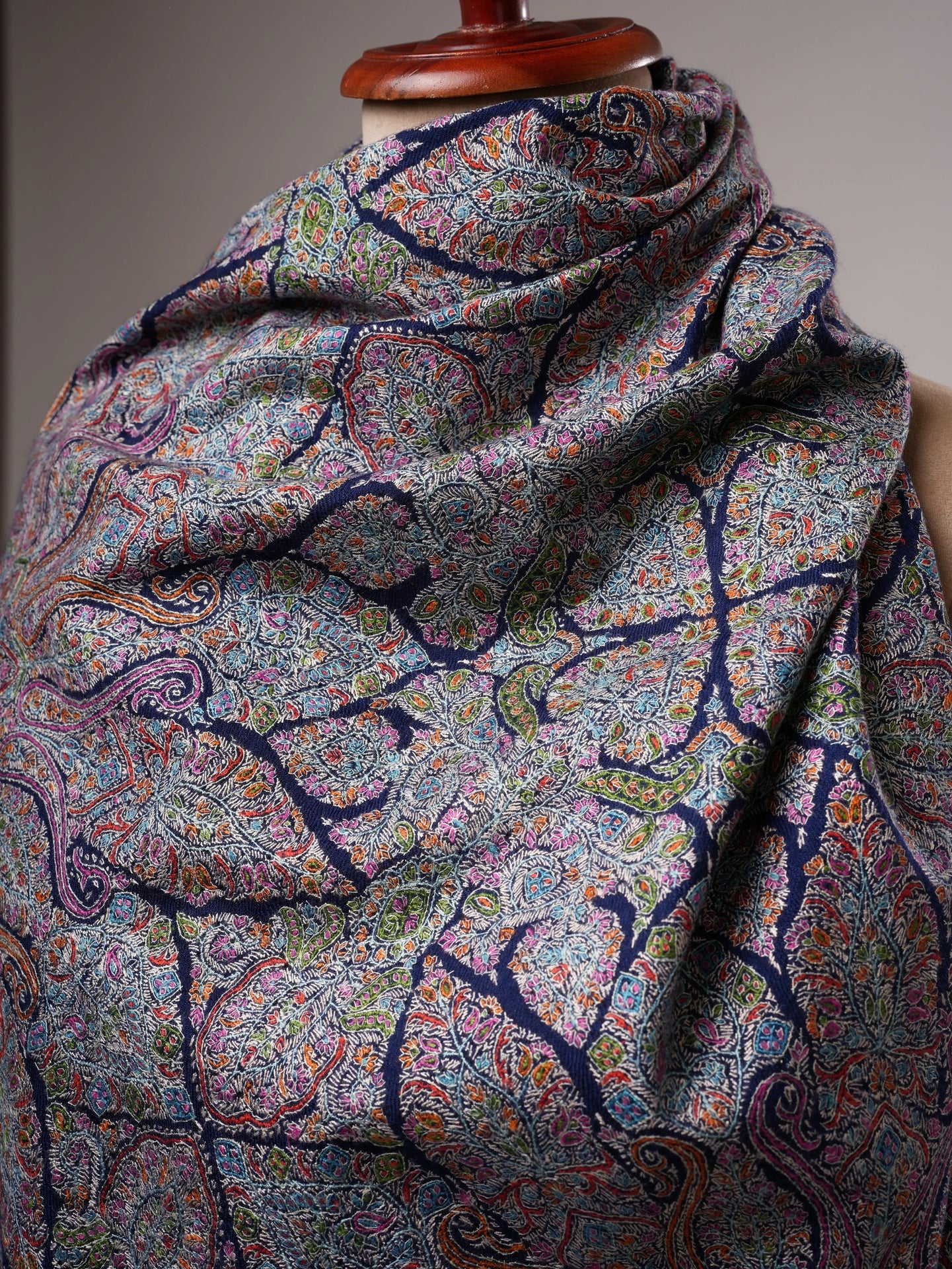 Hand Embroidered Navy Blue Jamavar Shawl with Tarukh Motif Shahkaar