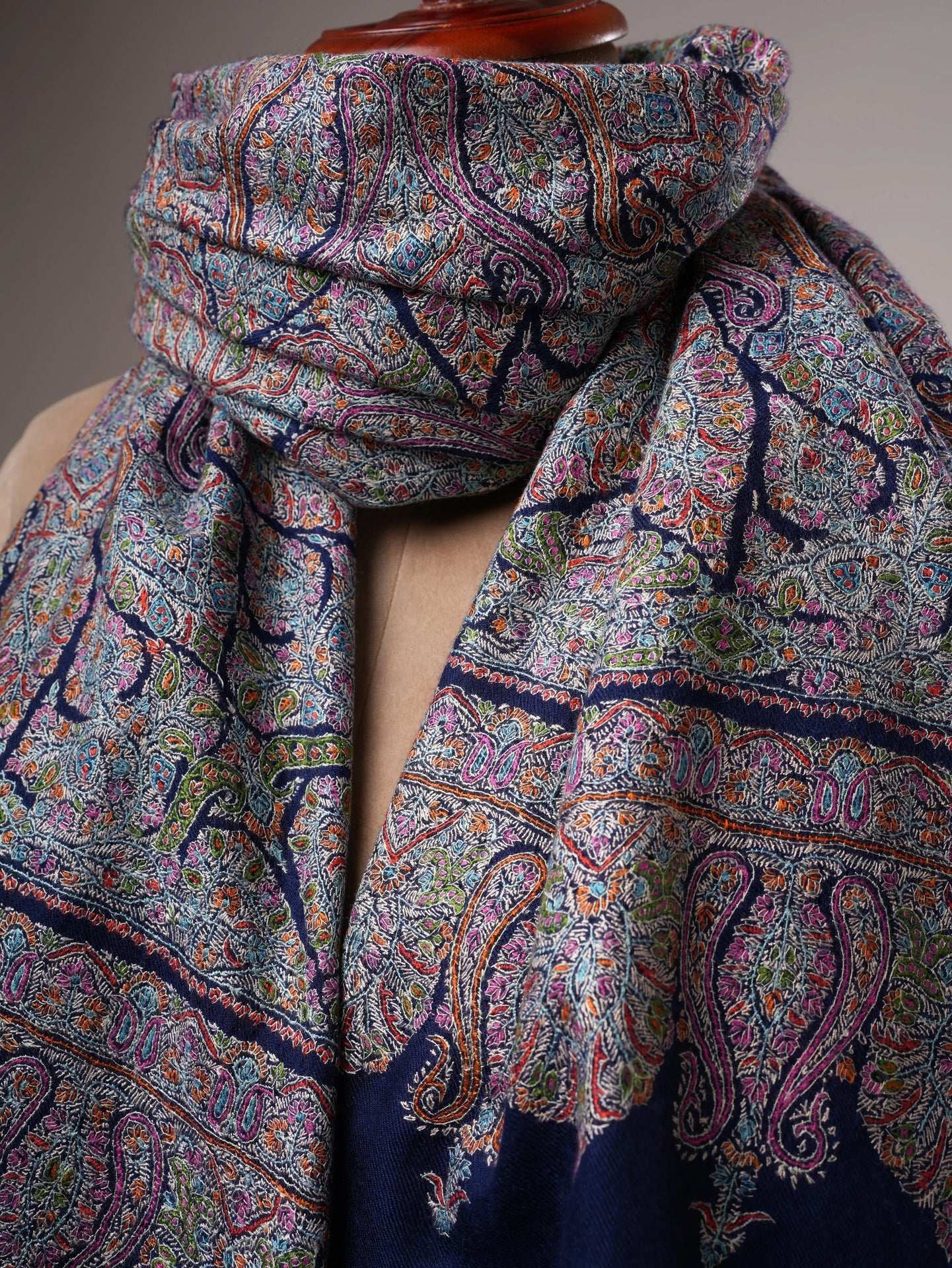 Hand Embroidered Navy Blue Jamavar Shawl with Tarukh Motif Shahkaar