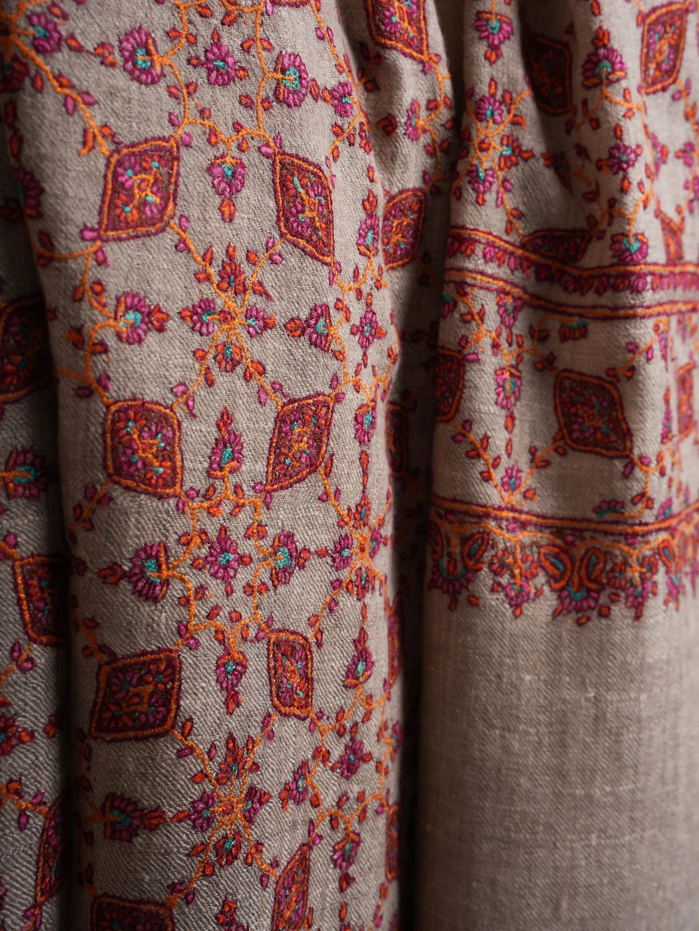 Hand Embroidered Neem Jamavar Pashmina Shawl Natural Taupe Shahkaar