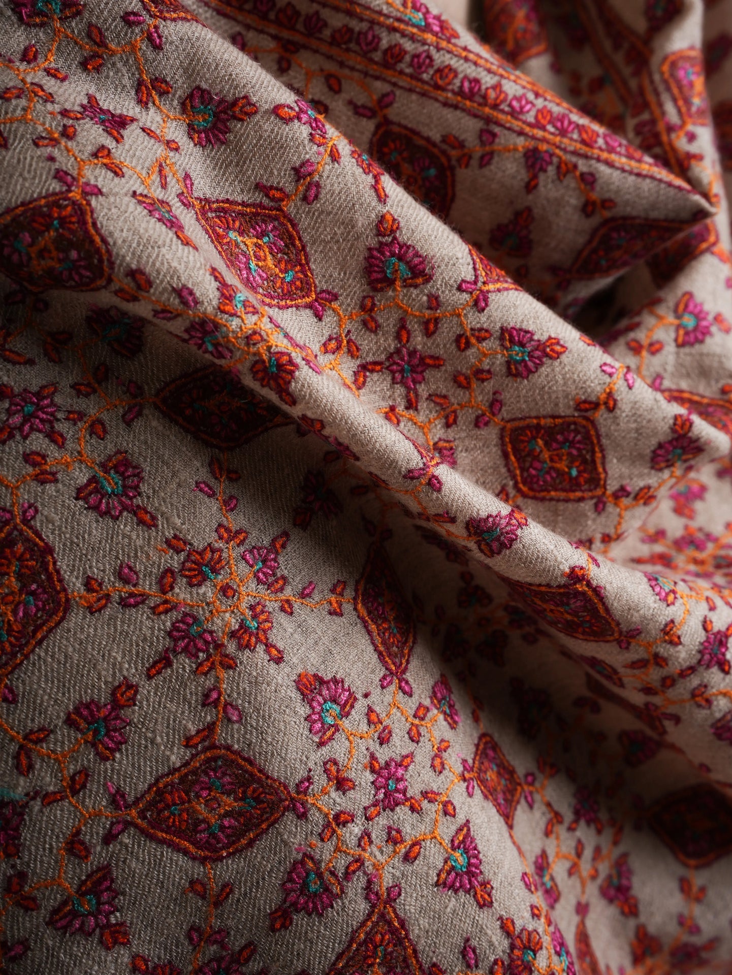 Hand Embroidered Neem Jamavar Pashmina Shawl Natural Taupe Shahkaar