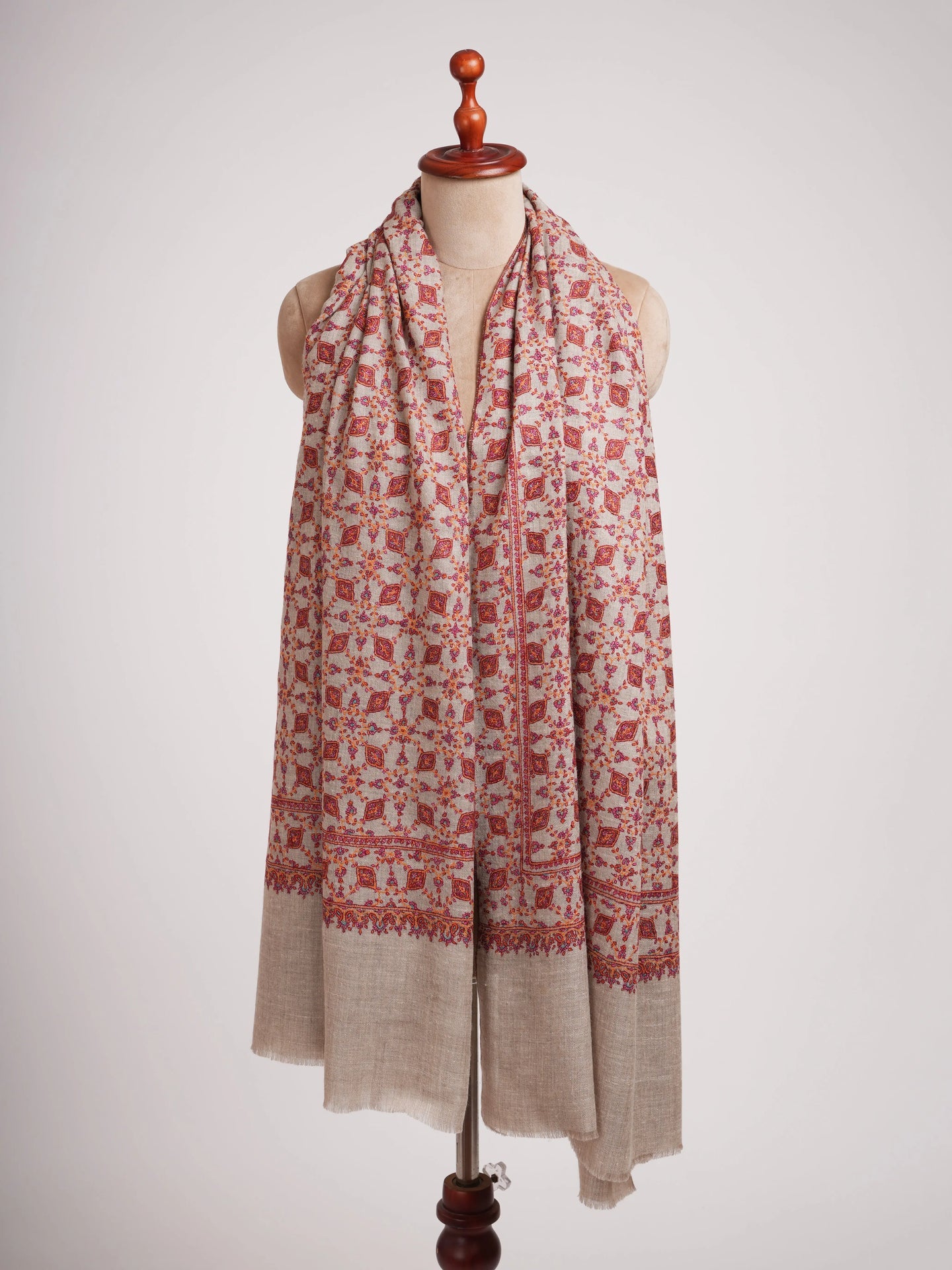 Hand Embroidered Neem Jamavar Pashmina Shawl Natural Taupe Shahkaar