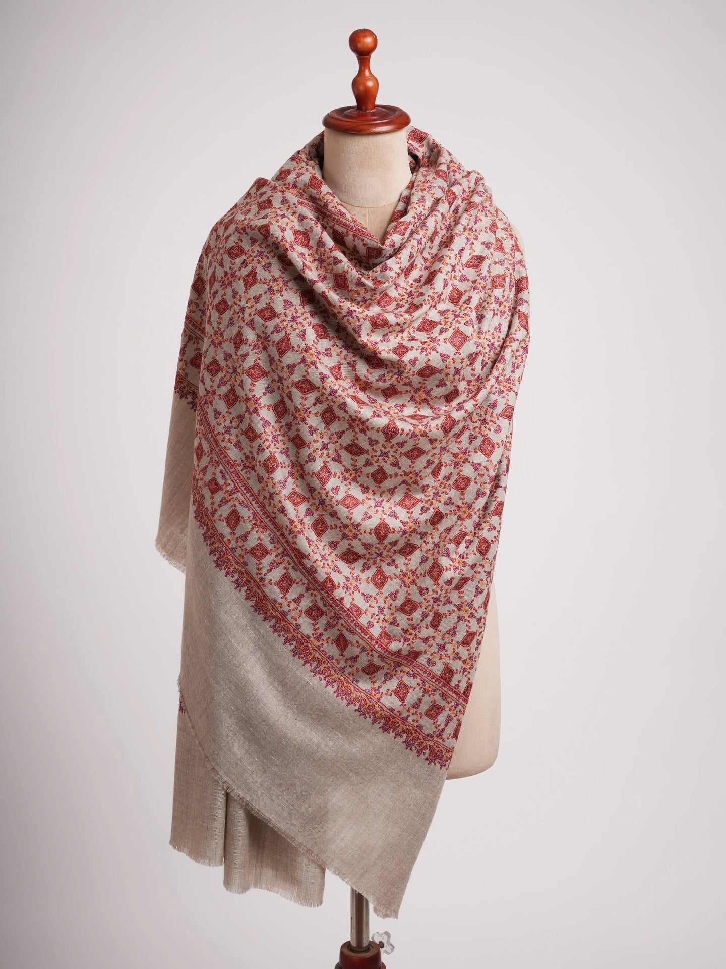 Hand Embroidered Neem Jamavar Pashmina Shawl Natural Taupe Shahkaar