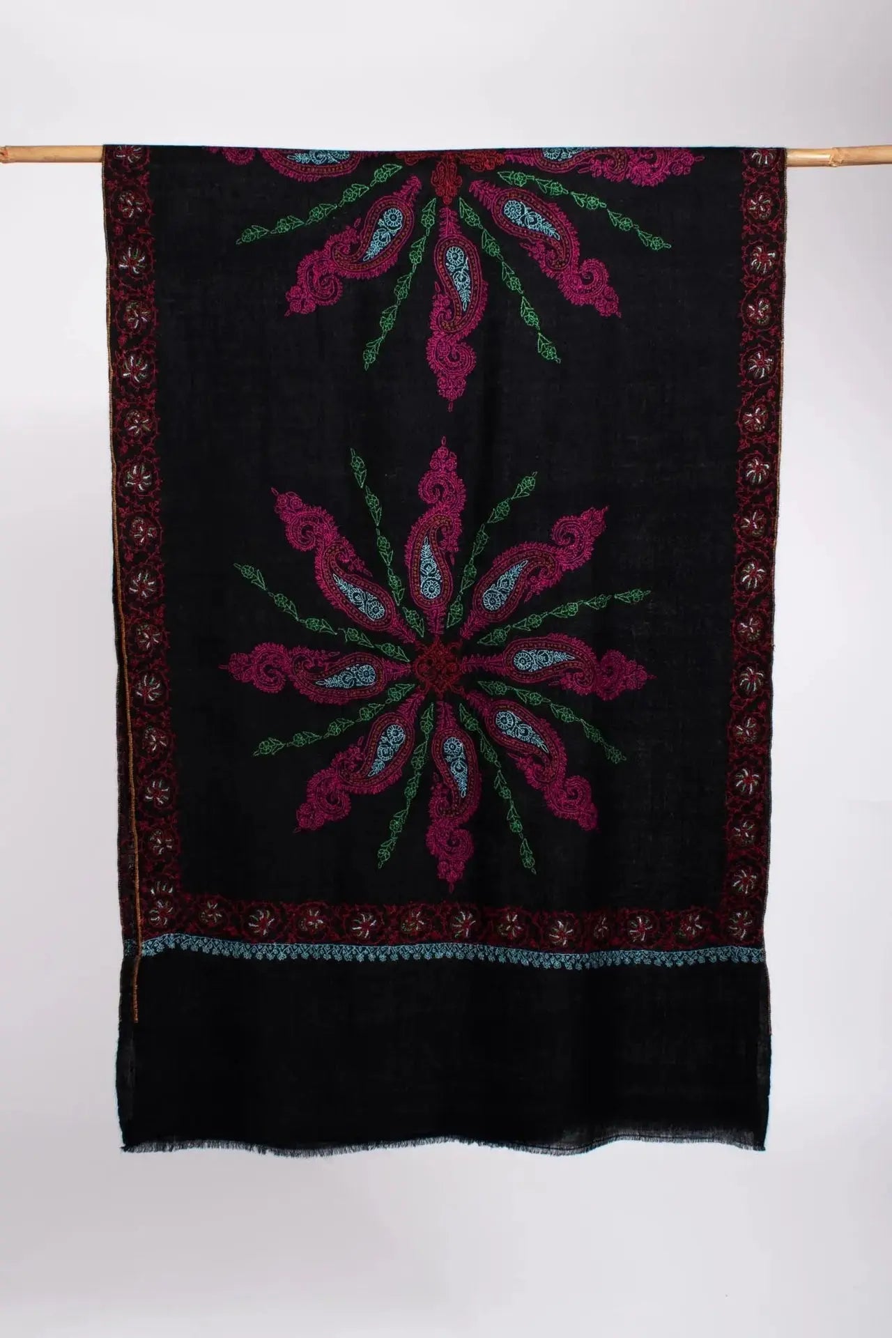 Hand Embroidered Sozni Kashmiri Cashmere Scarf in Black - ANDALUSIA Shahkaar