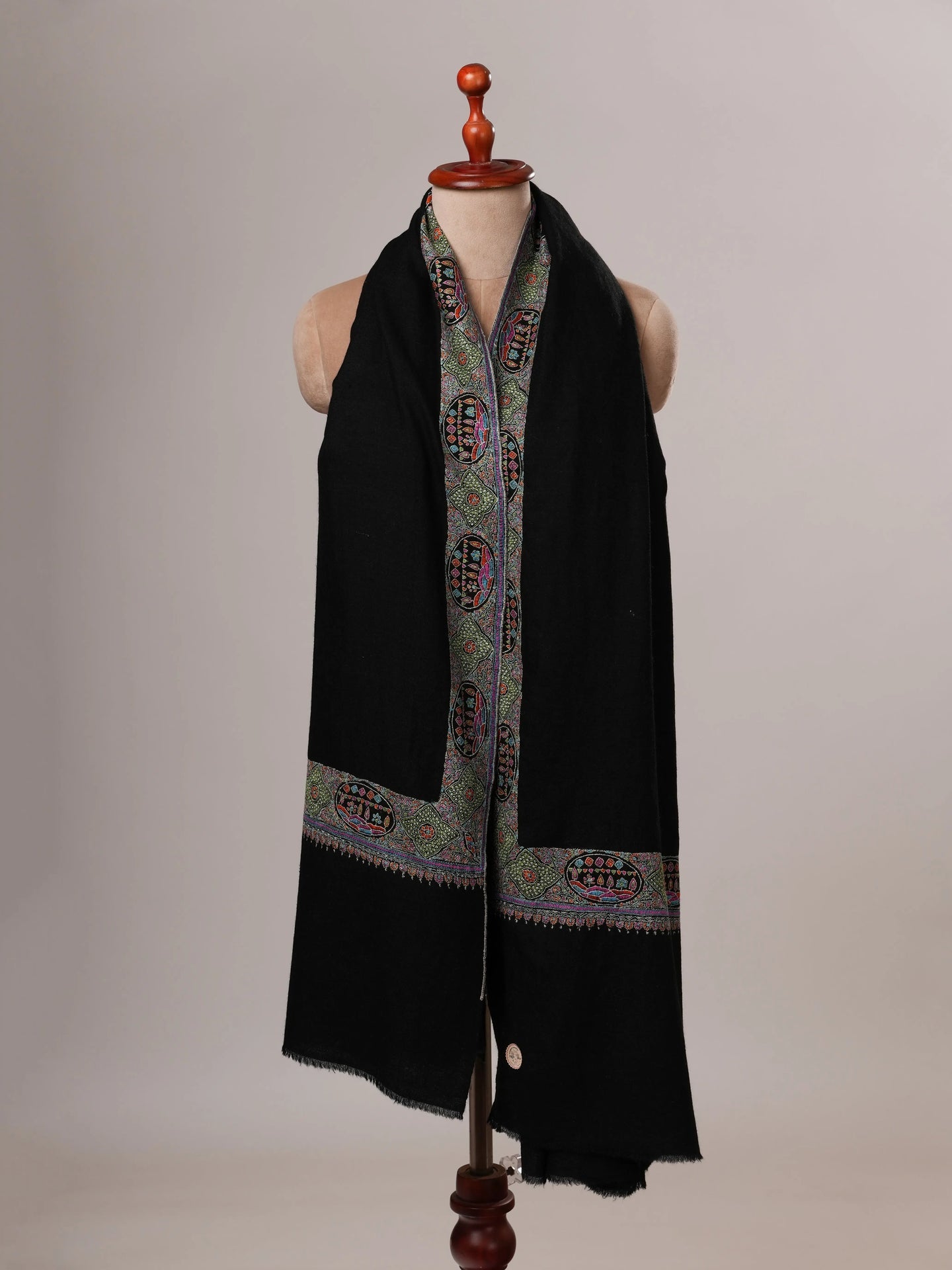 Handspun Black Daur Hand Embroidered Pashmina Shawl Shahkaar