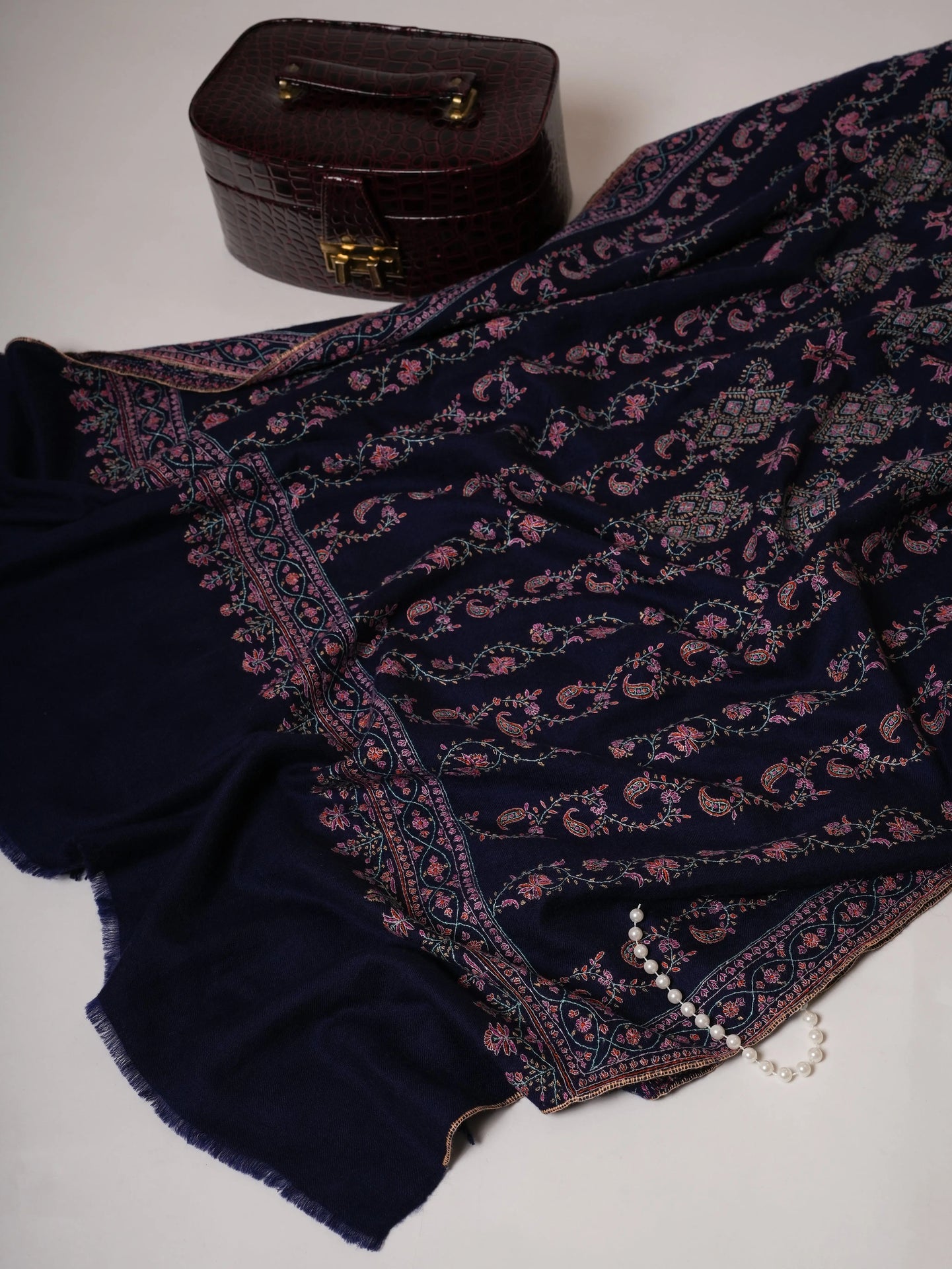 Handspun Blue Embroidered Featherlight Pure Pashmina Shawl Shahkaar