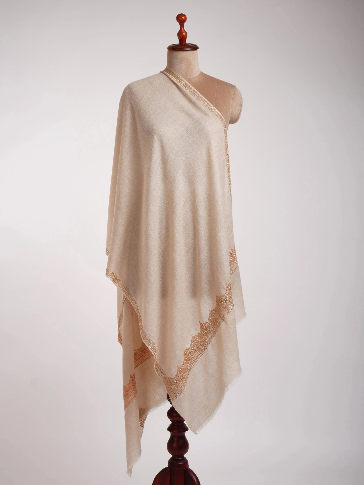 Handwoven Baby Soft Off-White Cashmere Scarf with Gold Tilla Work Shahkaar