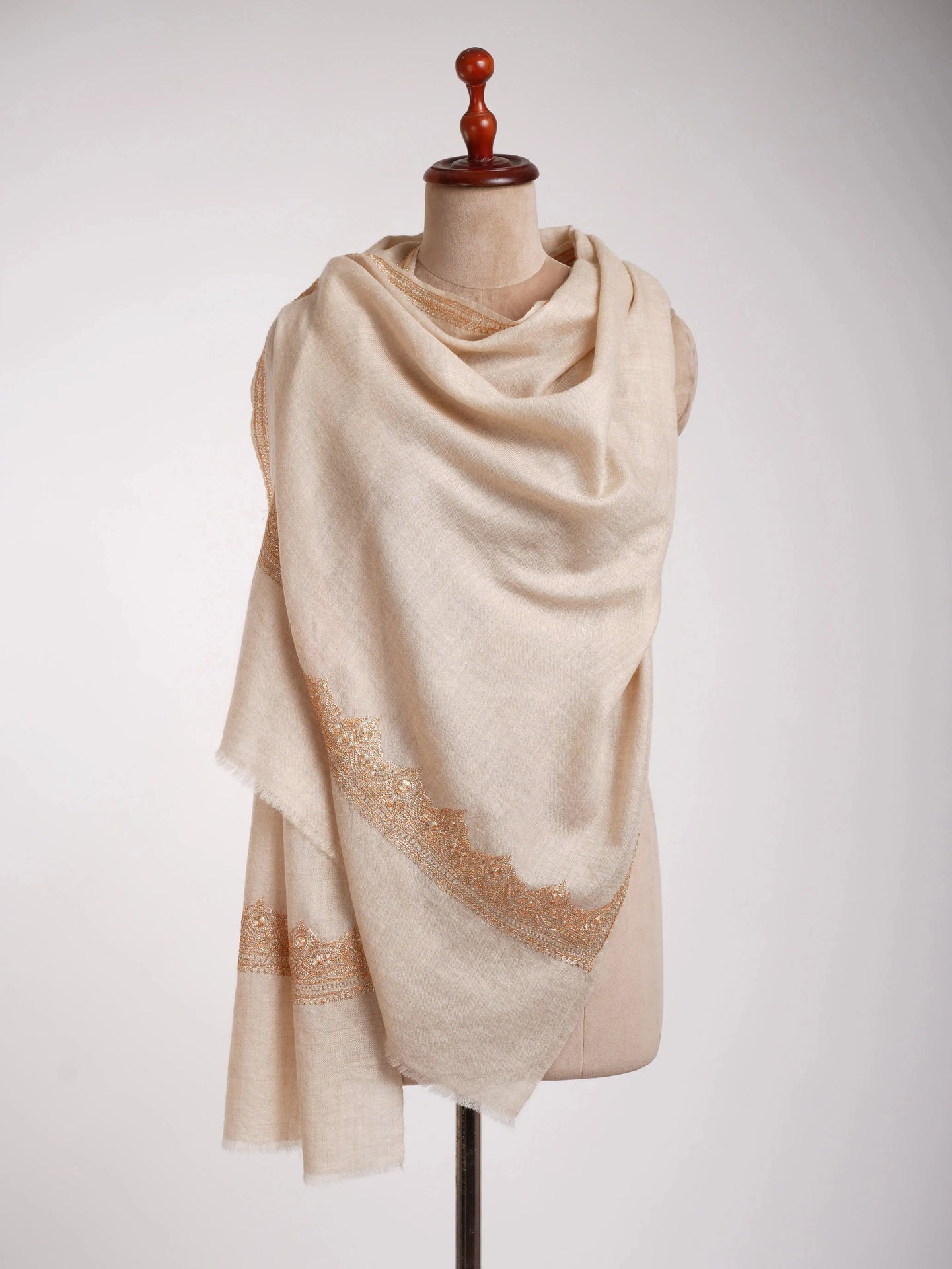 Handwoven Baby Soft Off-White Cashmere Scarf with Gold Tilla Work Shahkaar